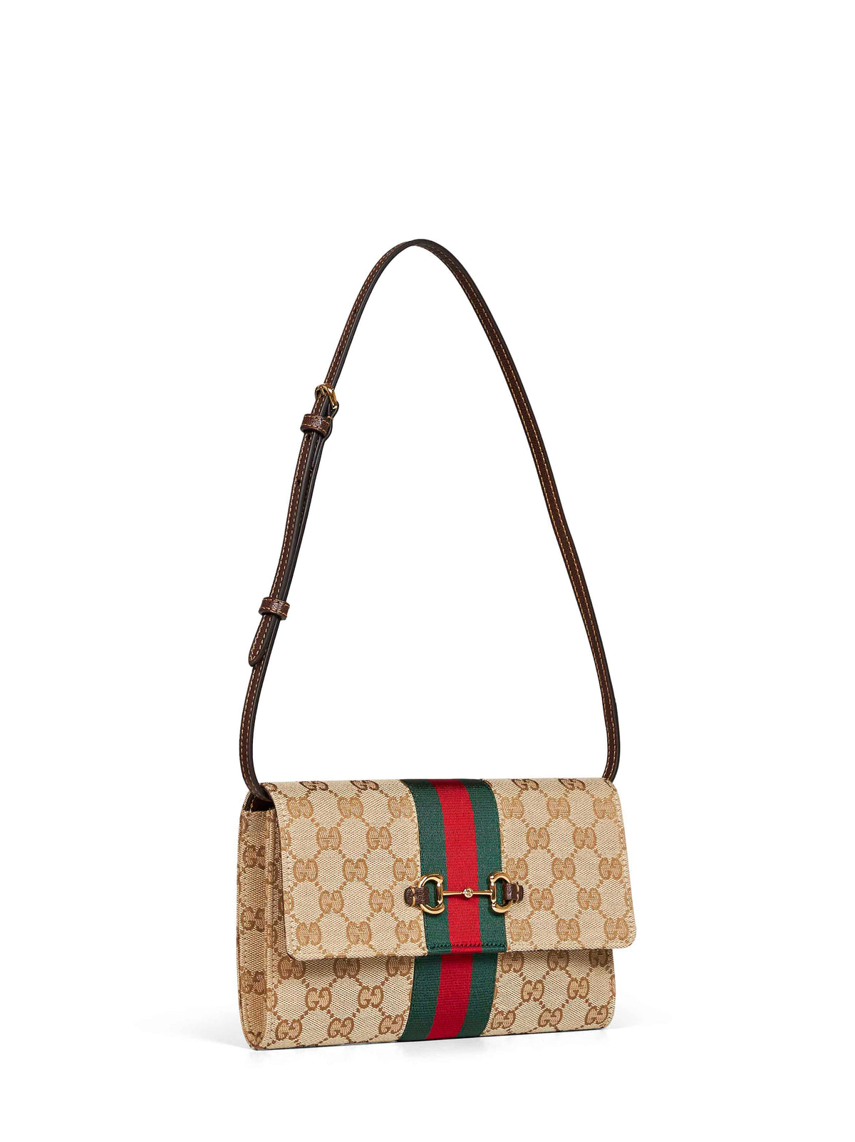 Gucci Women Beige And Dark Brown Gucci Horsebit Web Wallet With Strap GUCCI