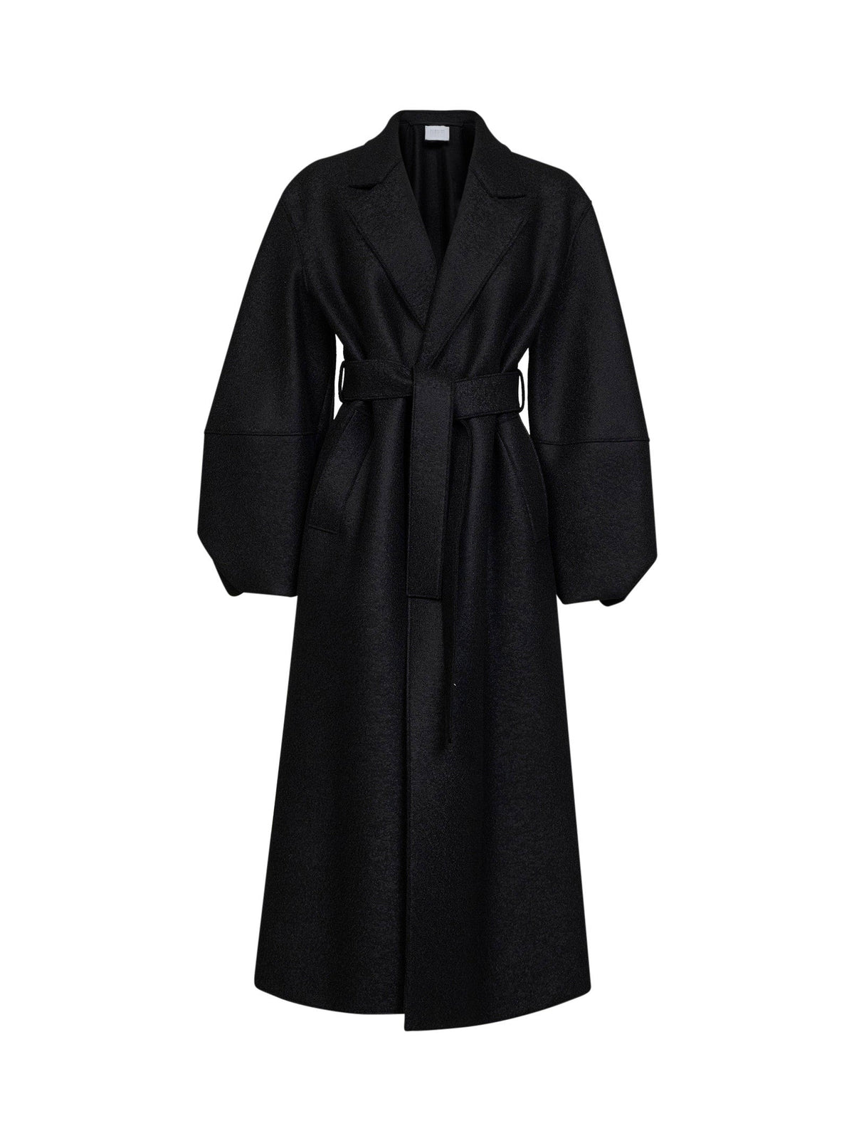 Harris Wharf London Women Black Felted Wool Long Puff-Sleeves Belted Wrap Coat HARRIS WHARF LONDON