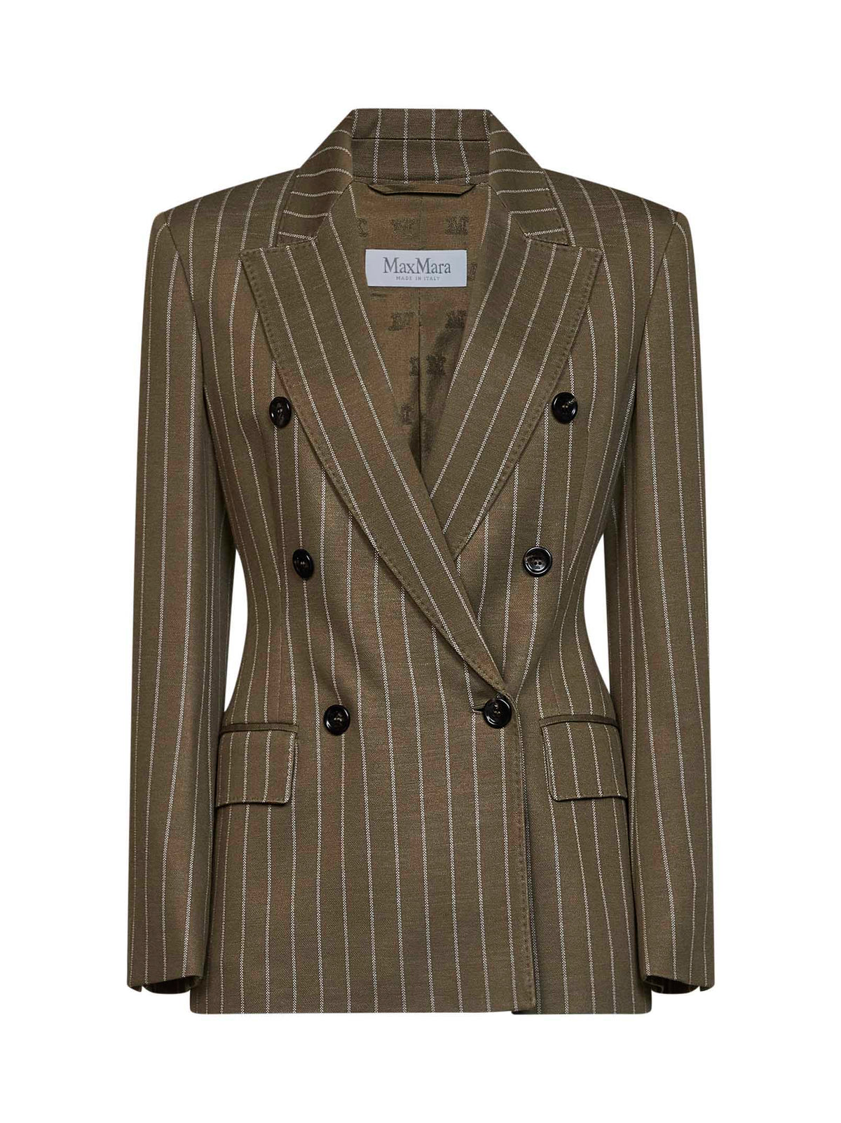 Max Mara Women Khaki Green Pinstriped Jersey Mxmbalta Double-Breasted Blazer MAX MARA