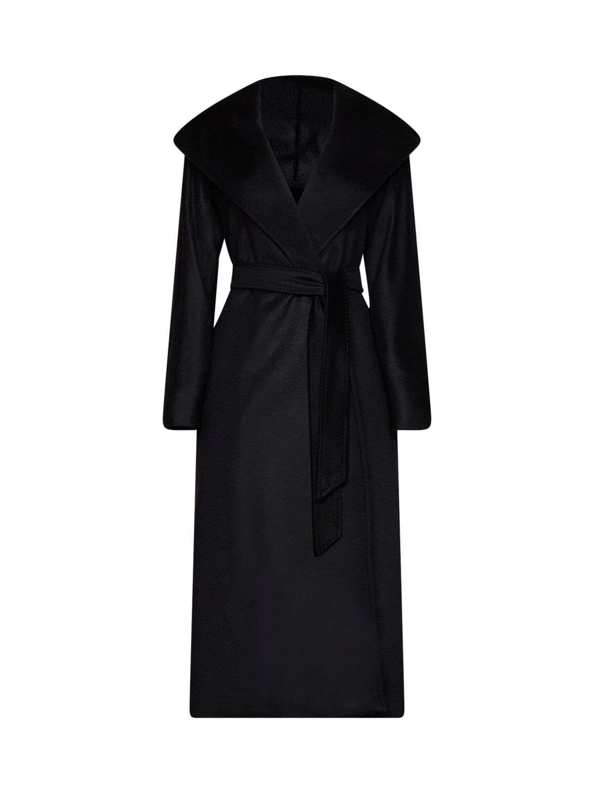 Max Mara Studio Women Black Mstelegia Belted Long Wrap Coat With Hood MAX MARA STUDIO