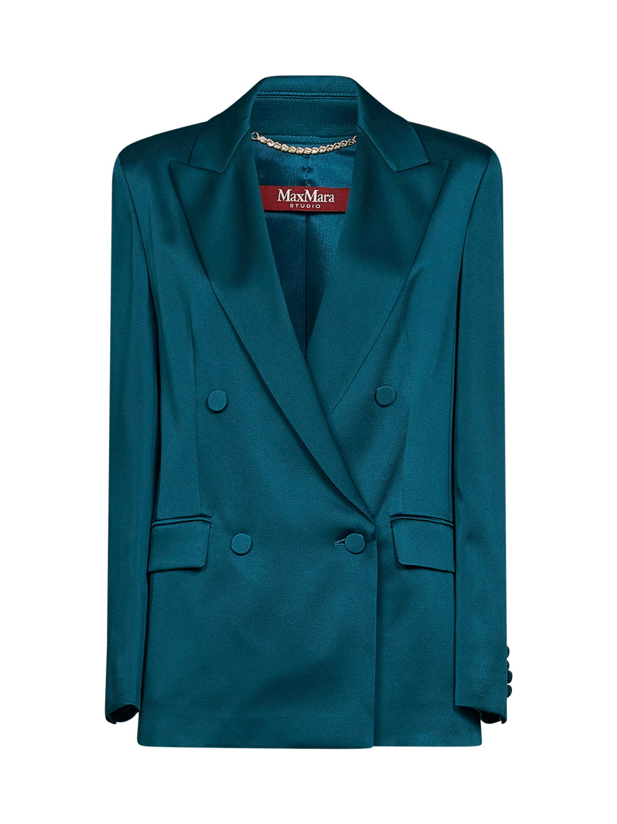 Max Mara Studio Women Oil Green Envers Satin Msearca Double-Breasted Blazer MAX MARA STUDIO