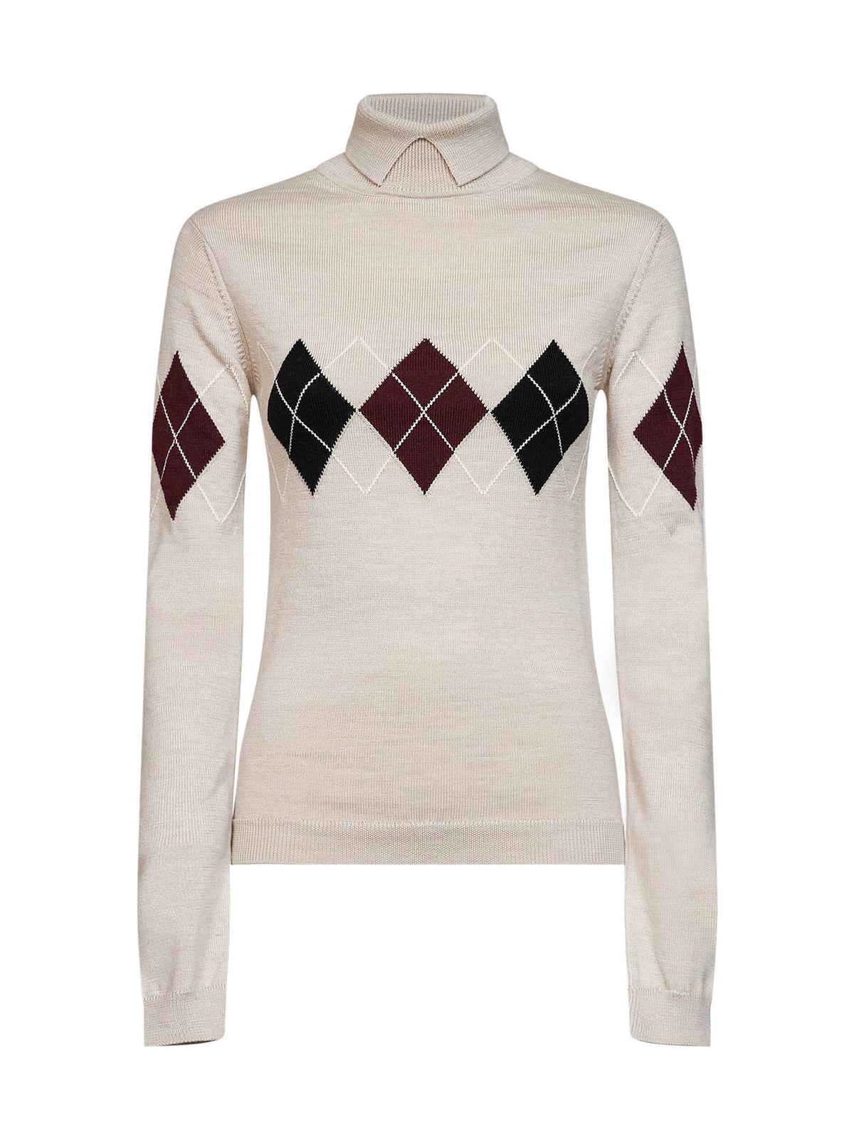 Mugler Women Beige Argyle-Pattern Virgin Wool Knit Turtleneck Sweater MUGLER
