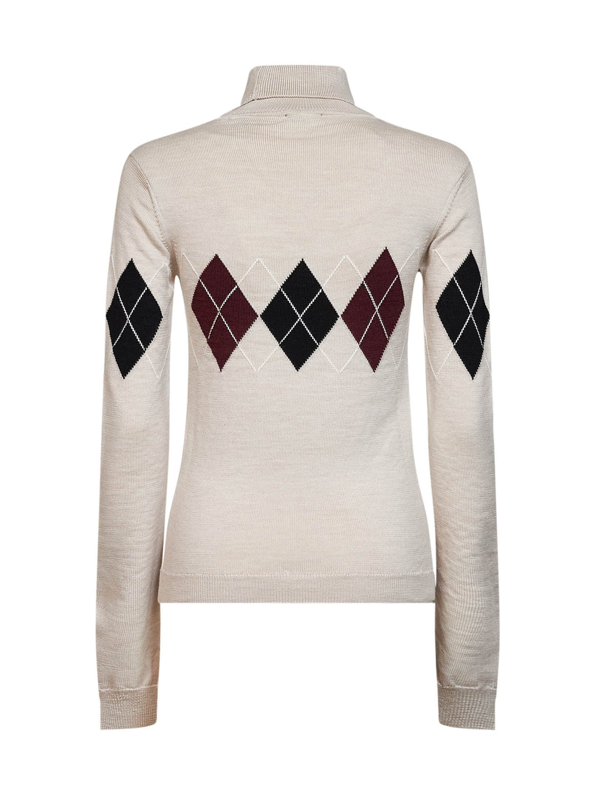 Mugler Women Beige Argyle-Pattern Virgin Wool Knit Turtleneck Sweater MUGLER