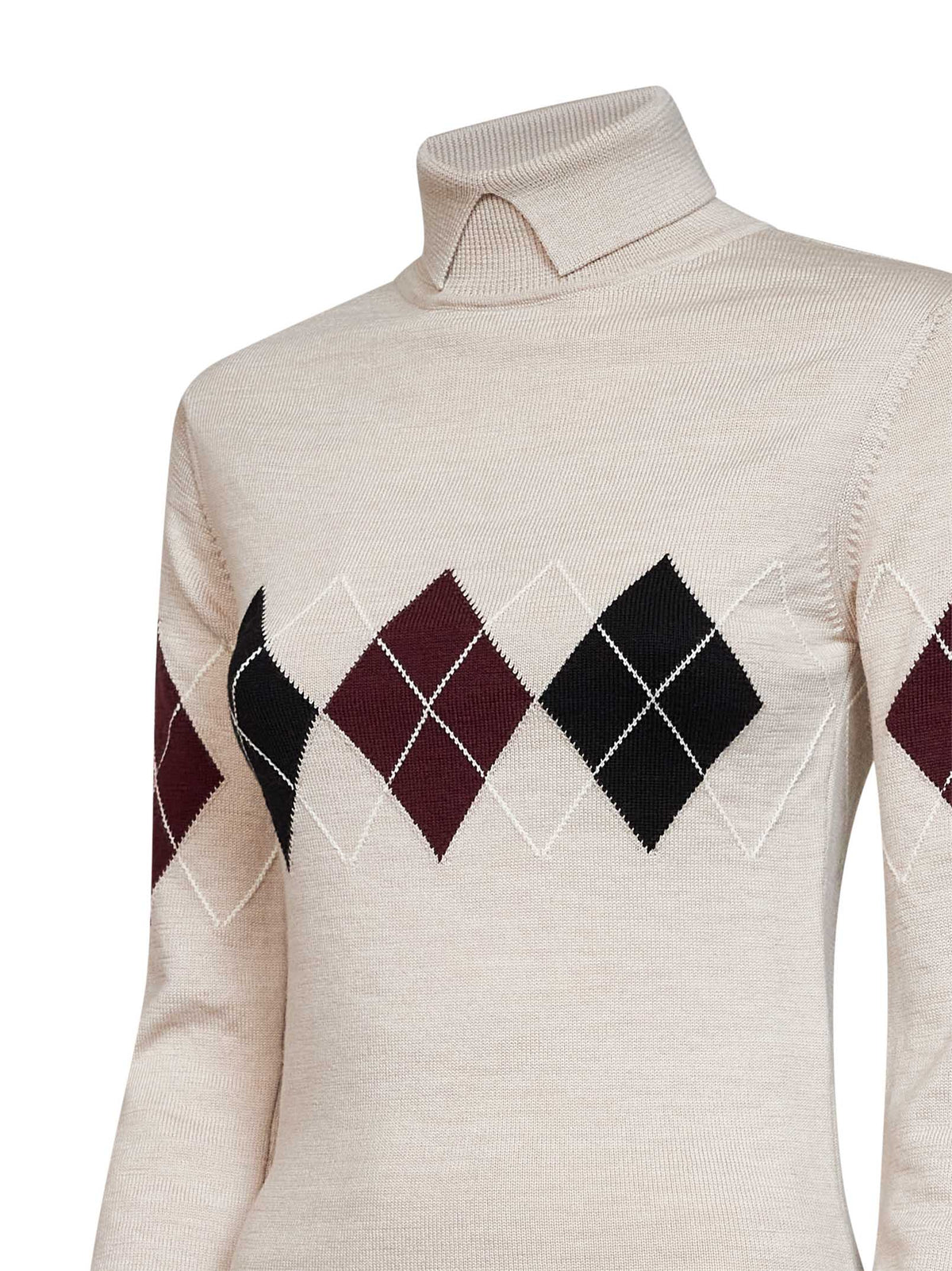 Mugler Women Beige Argyle-Pattern Virgin Wool Knit Turtleneck Sweater MUGLER