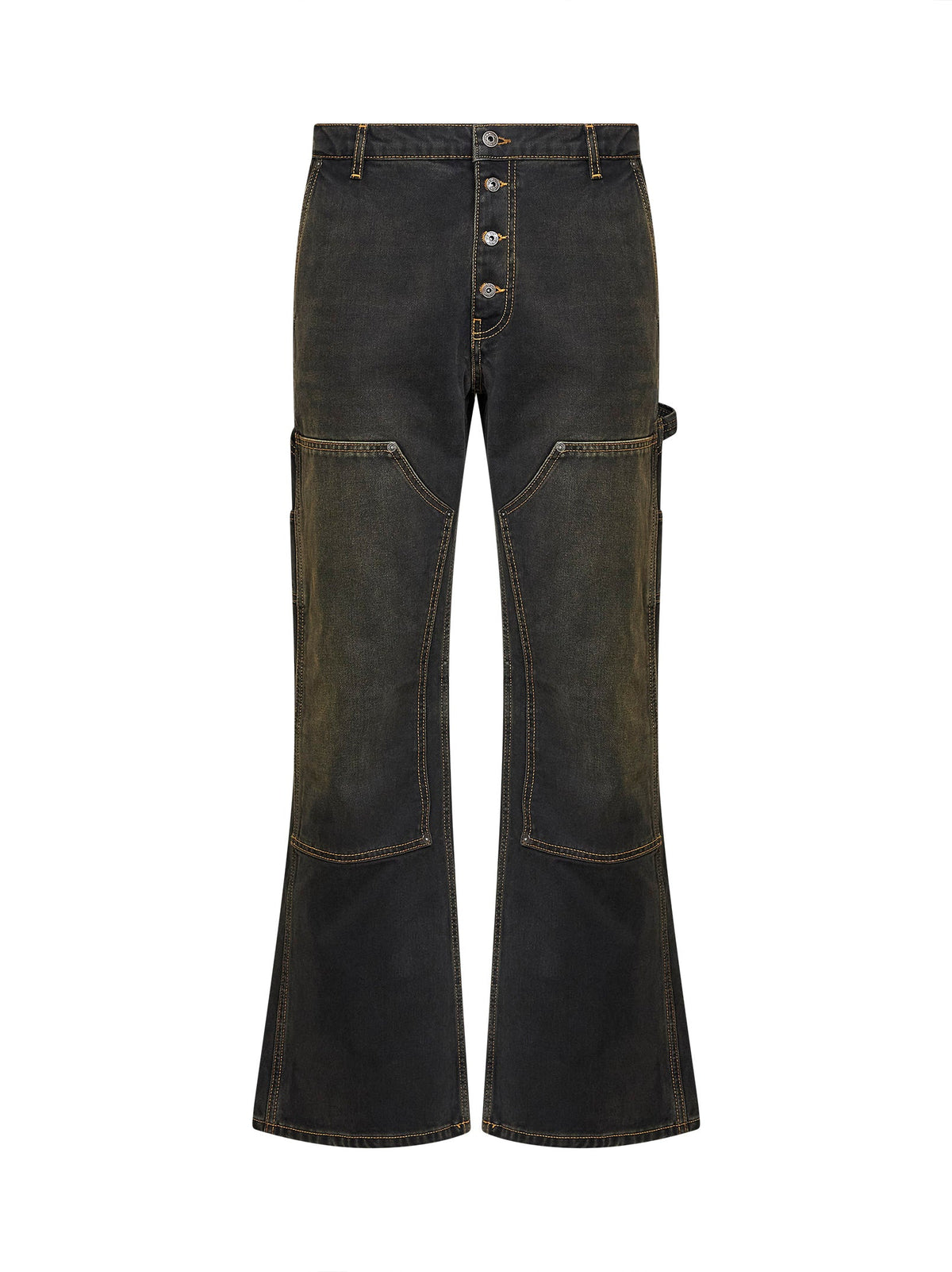 Off White Men Black Denim Half Arrow Ripped Flared Jeans OFF-WHITE