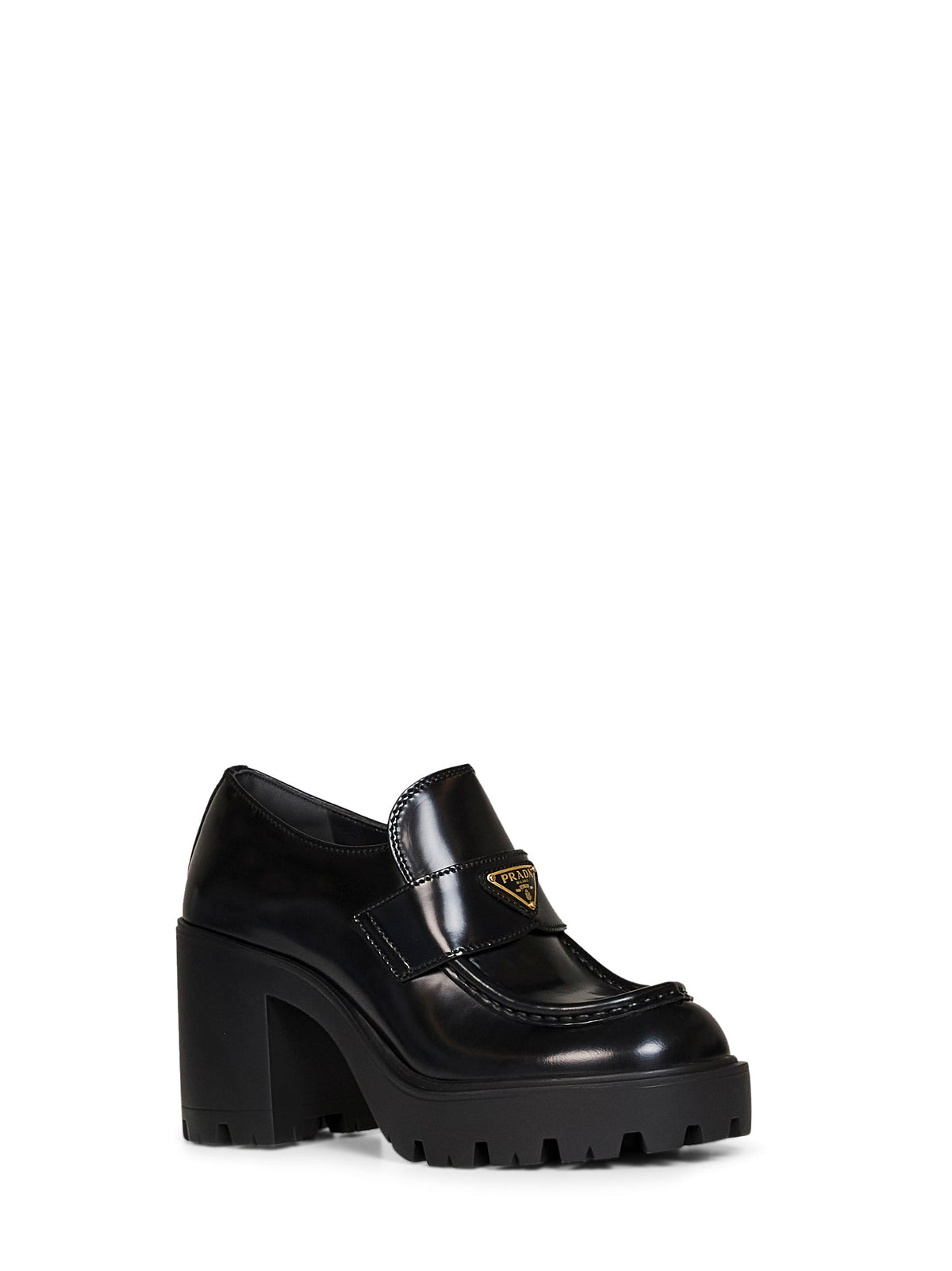 Prada Calzature Women Black Brushed Leather Heeled Loafers PRADA