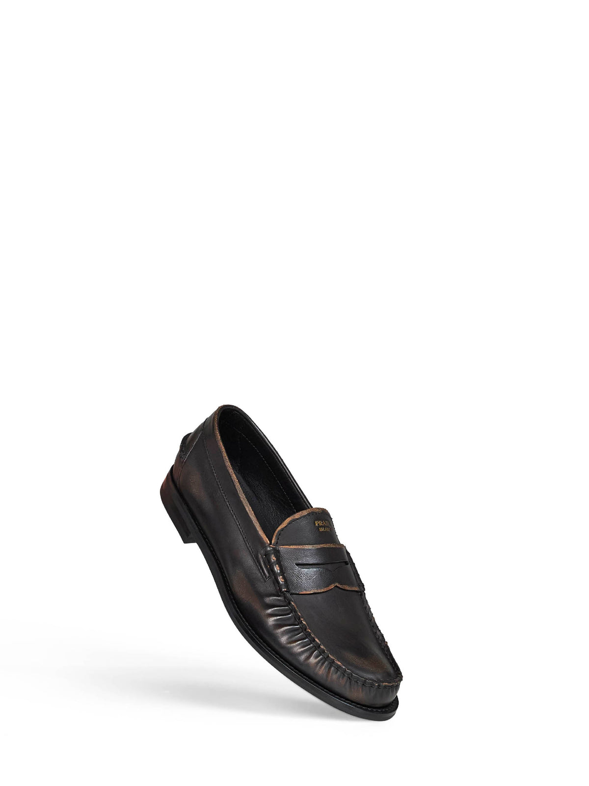 Prada Calzature Men Black/Tan Antiqued Leather Loafers PRADA