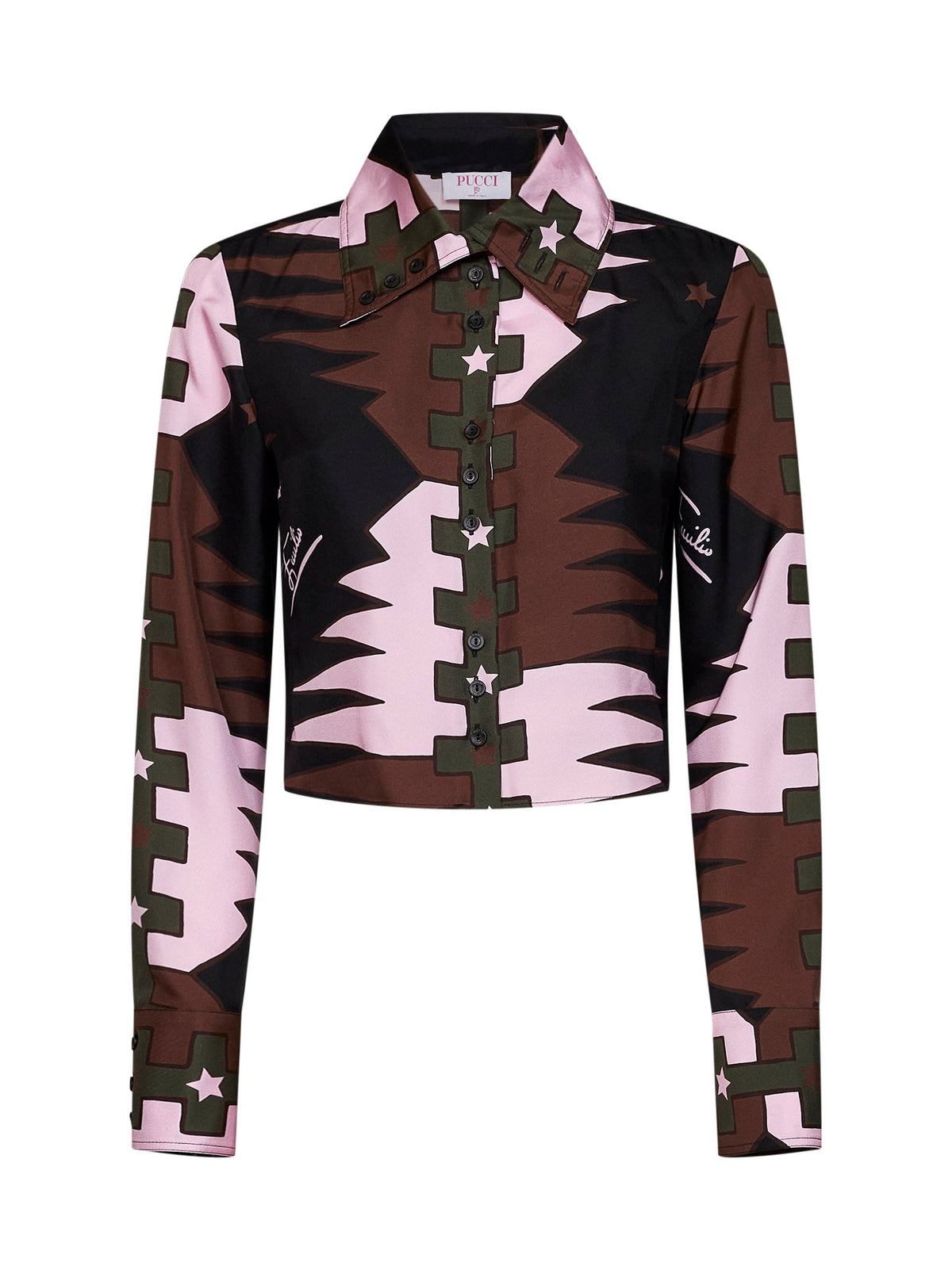 Pucci Women Khaki And Pink Valdimontone-Print Silk Twill Cropped Shirt PUCCI