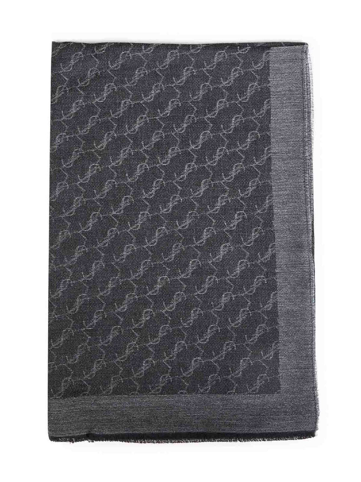 Saint Laurent Men Black And Dark Grey Cashmere And Silk Jacquard Cassandre Scarf SAINT LAURENT
