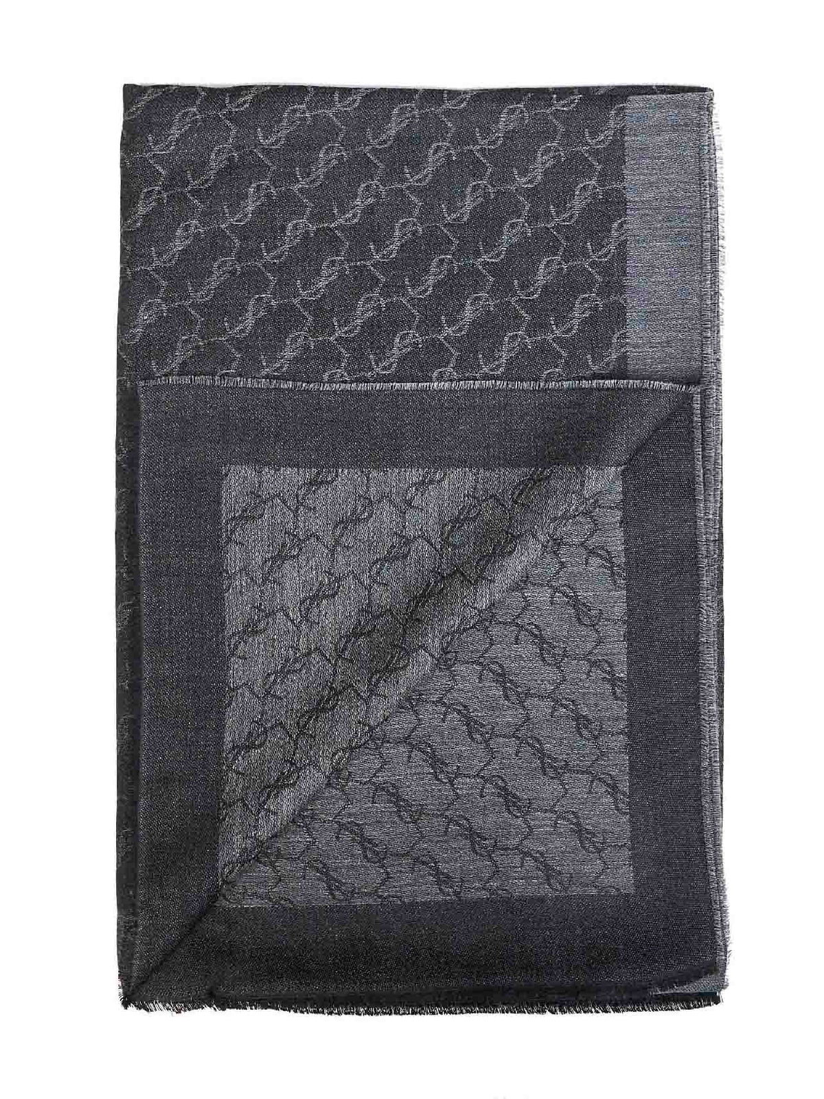 Saint Laurent Men Black And Dark Grey Cashmere And Silk Jacquard Cassandre Scarf SAINT LAURENT