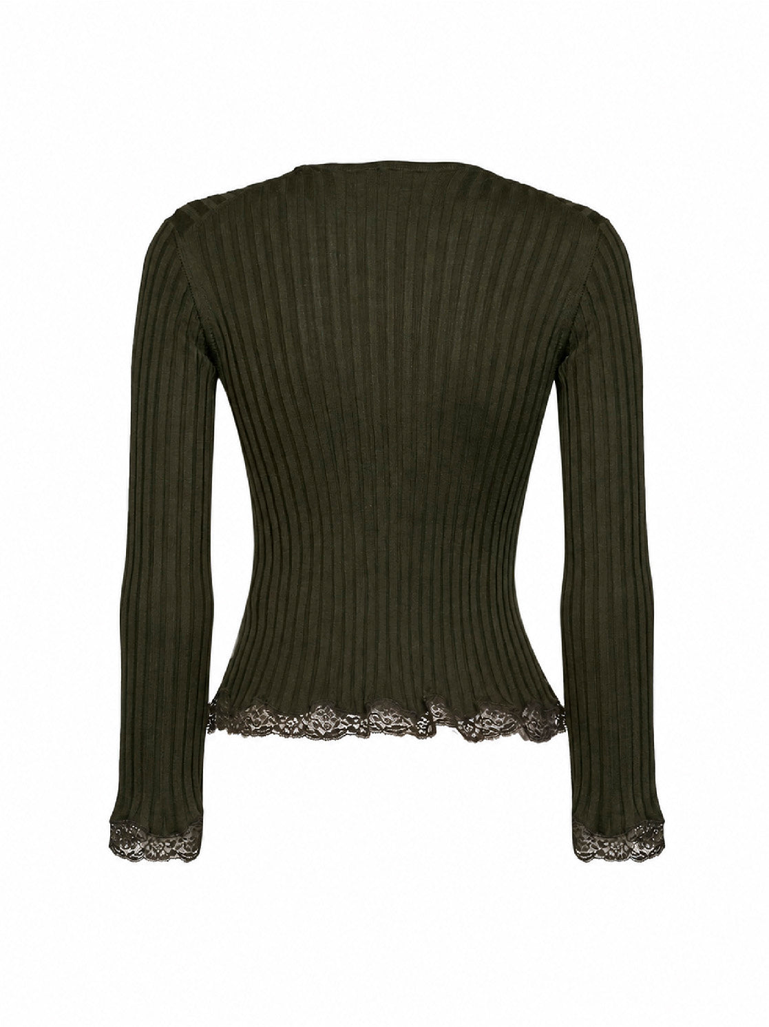 Saint Laurent Women Khaki Ribbed Knit Cassandre Top With Lace Trims SAINT LAURENT