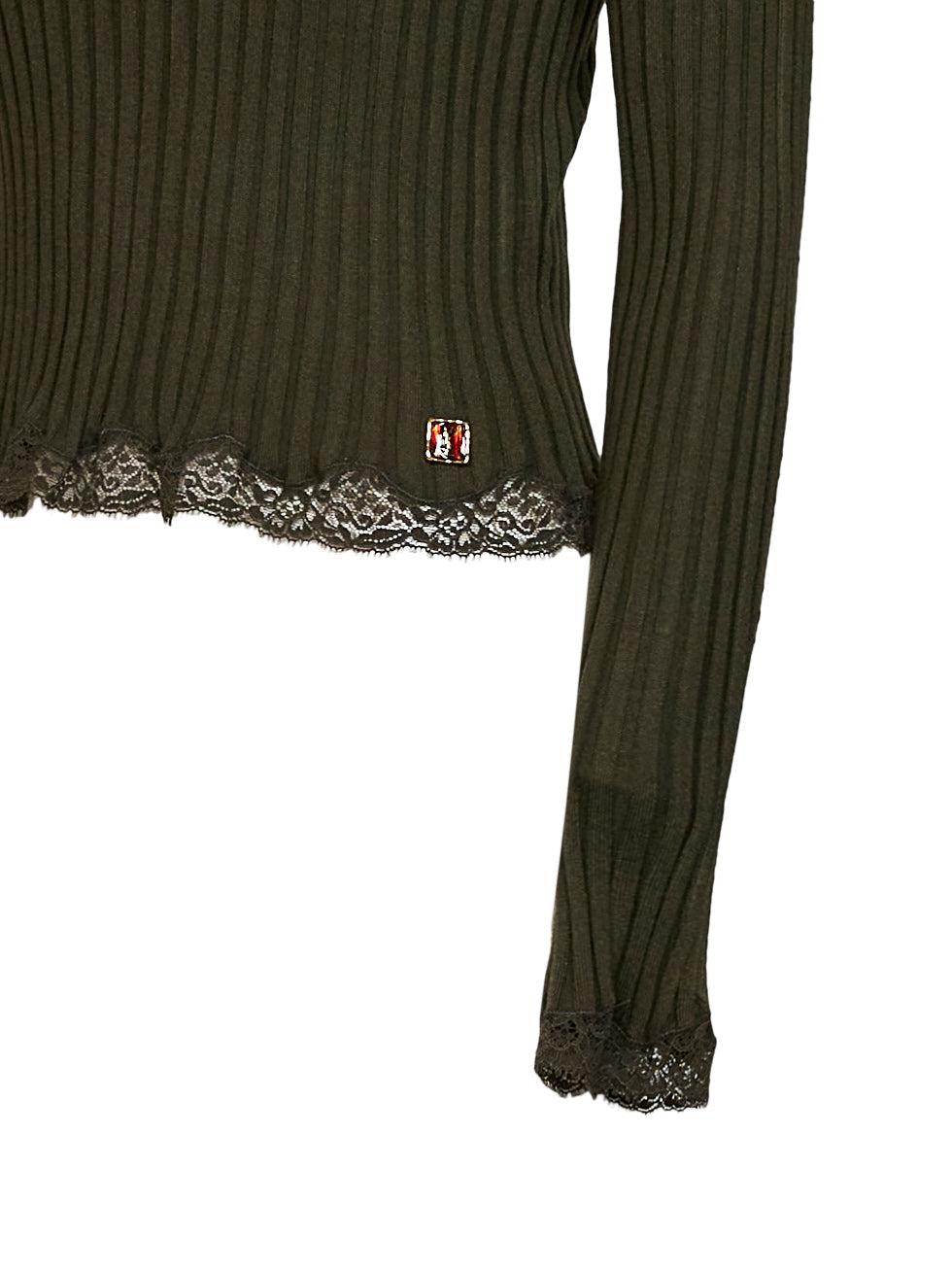 Saint Laurent Women Khaki Ribbed Knit Cassandre Top With Lace Trims SAINT LAURENT