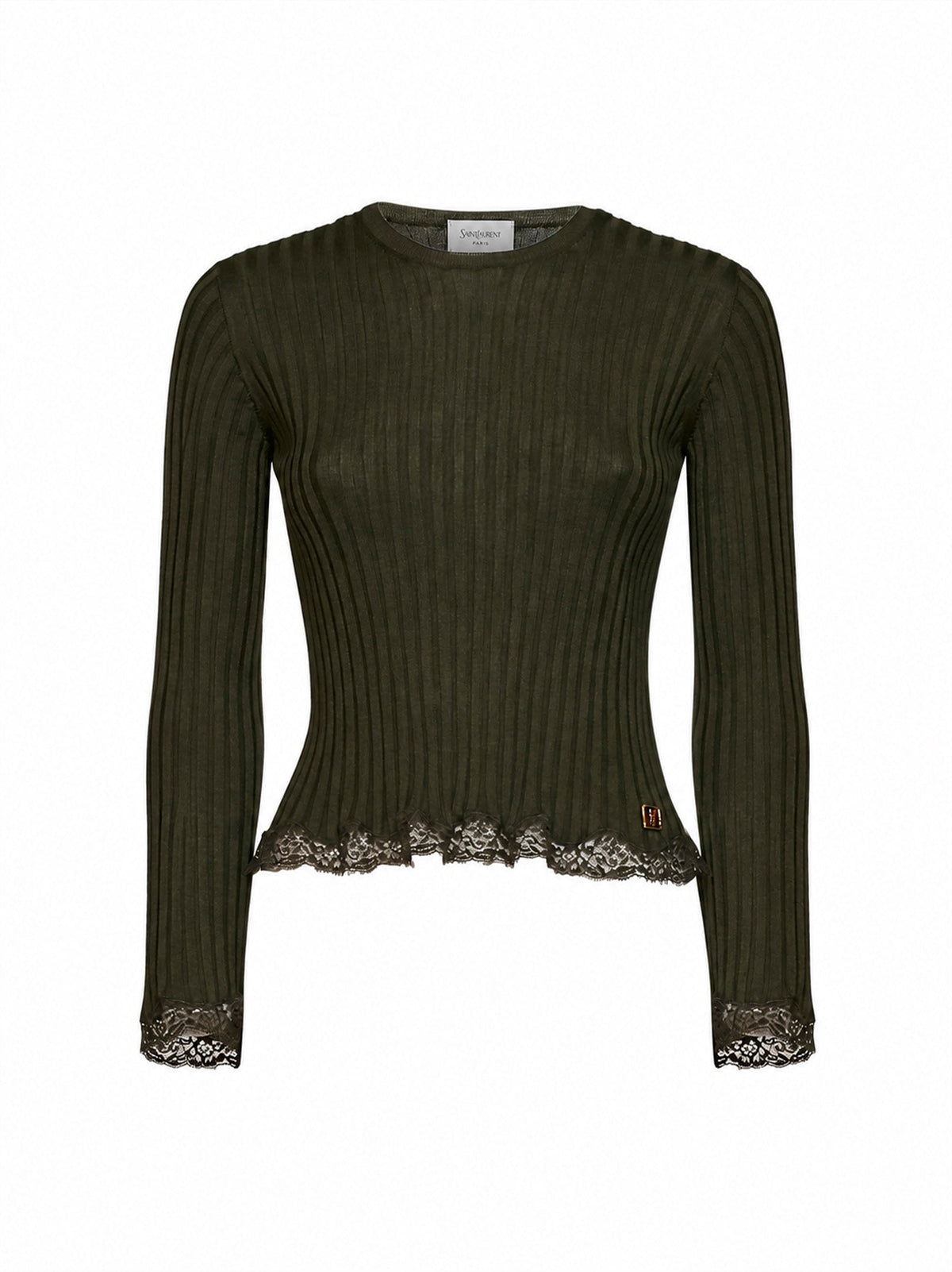 Saint Laurent Women Khaki Ribbed Knit Cassandre Top With Lace Trims SAINT LAURENT