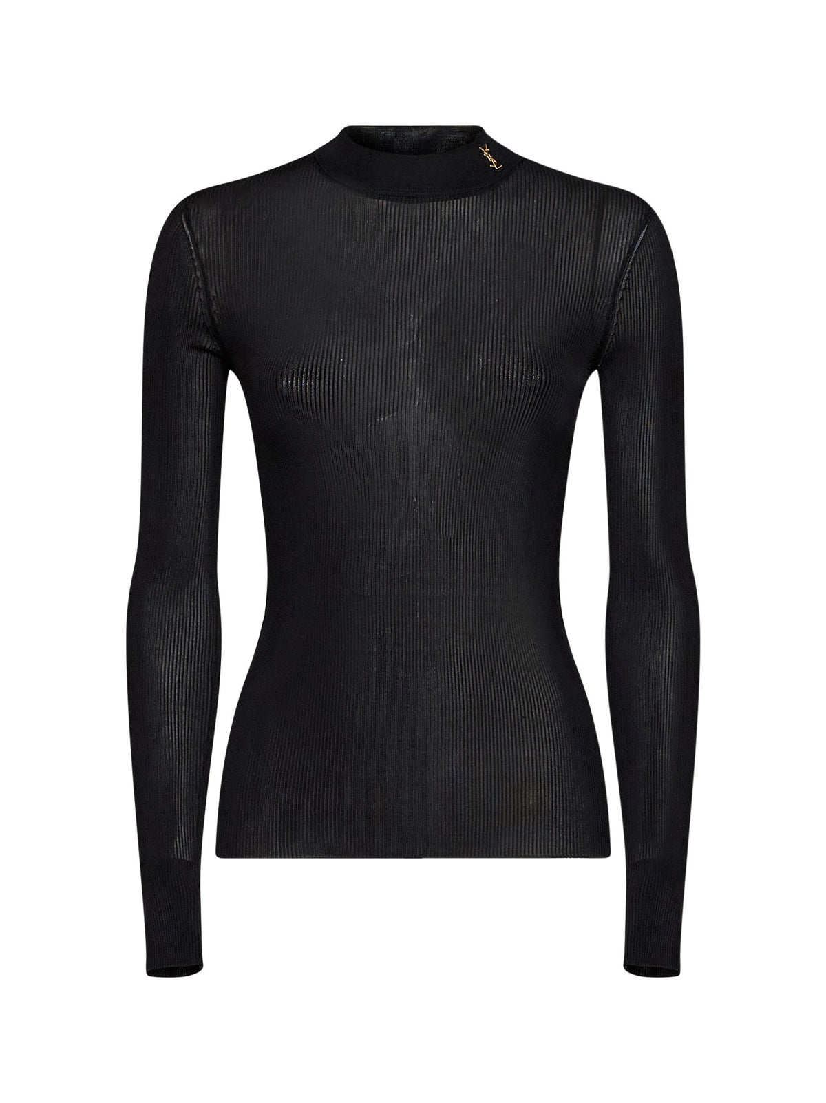 Saint Laurent Women Black Lightweight Ribbed Silk Knit Mock-Neck Top SAINT LAURENT