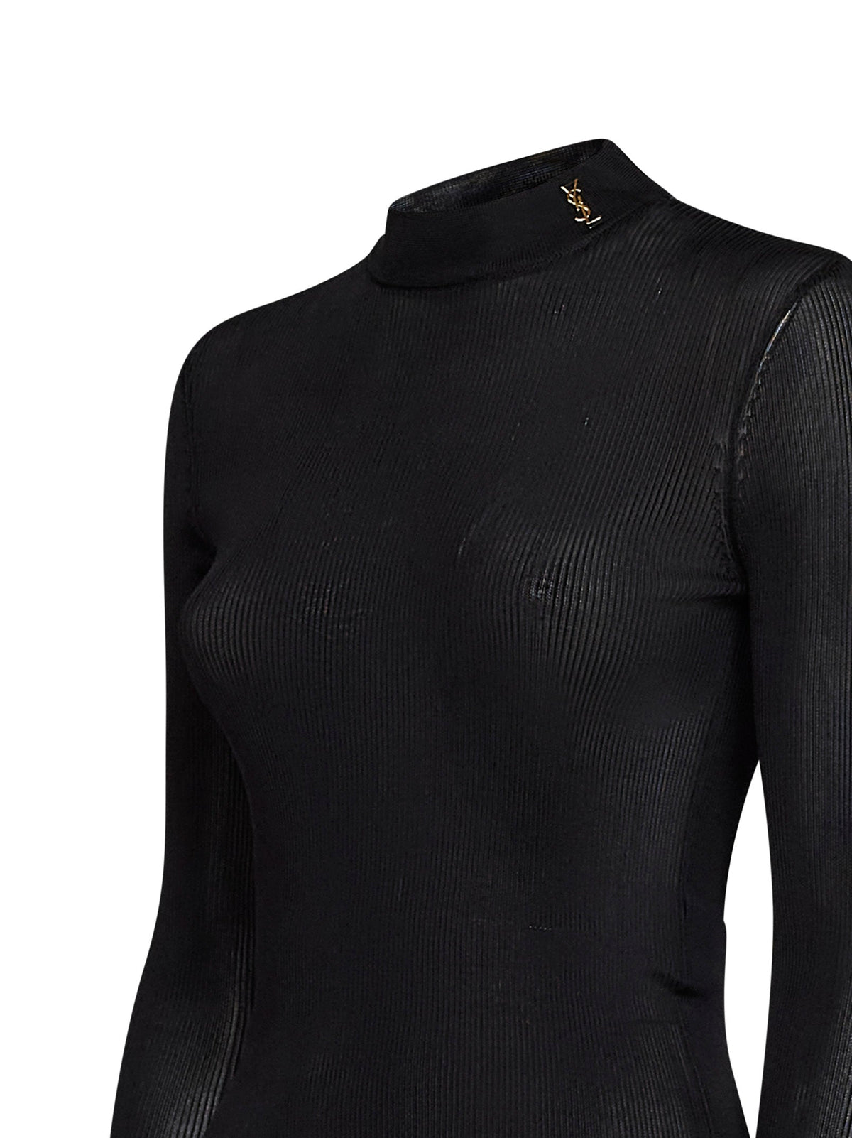 Saint Laurent Women Black Lightweight Ribbed Silk Knit Mock-Neck Top SAINT LAURENT