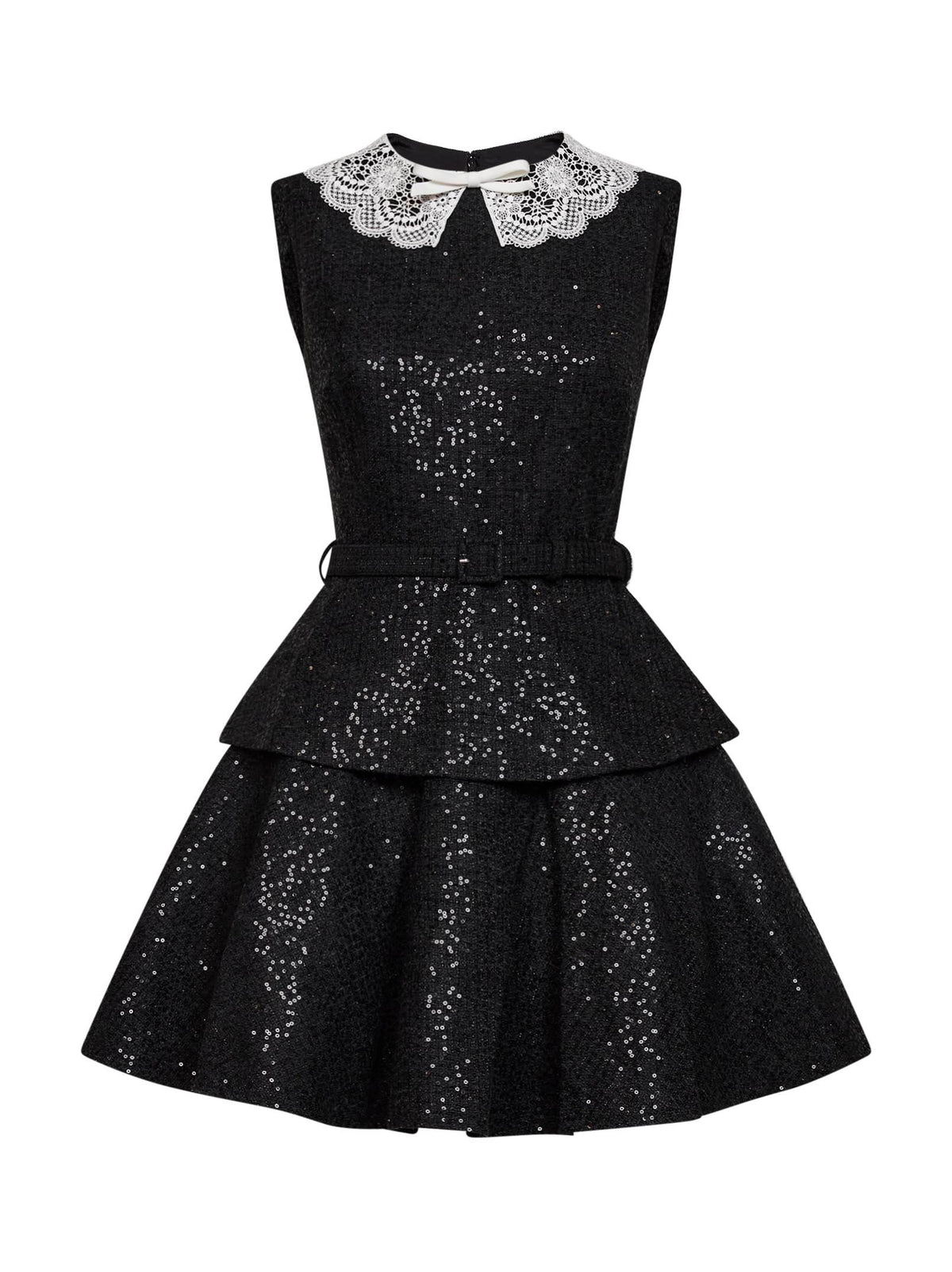 Self Portrait Women Black Sequin Bouclé Belted Peplum Mini Dress SELF-PORTRAIT