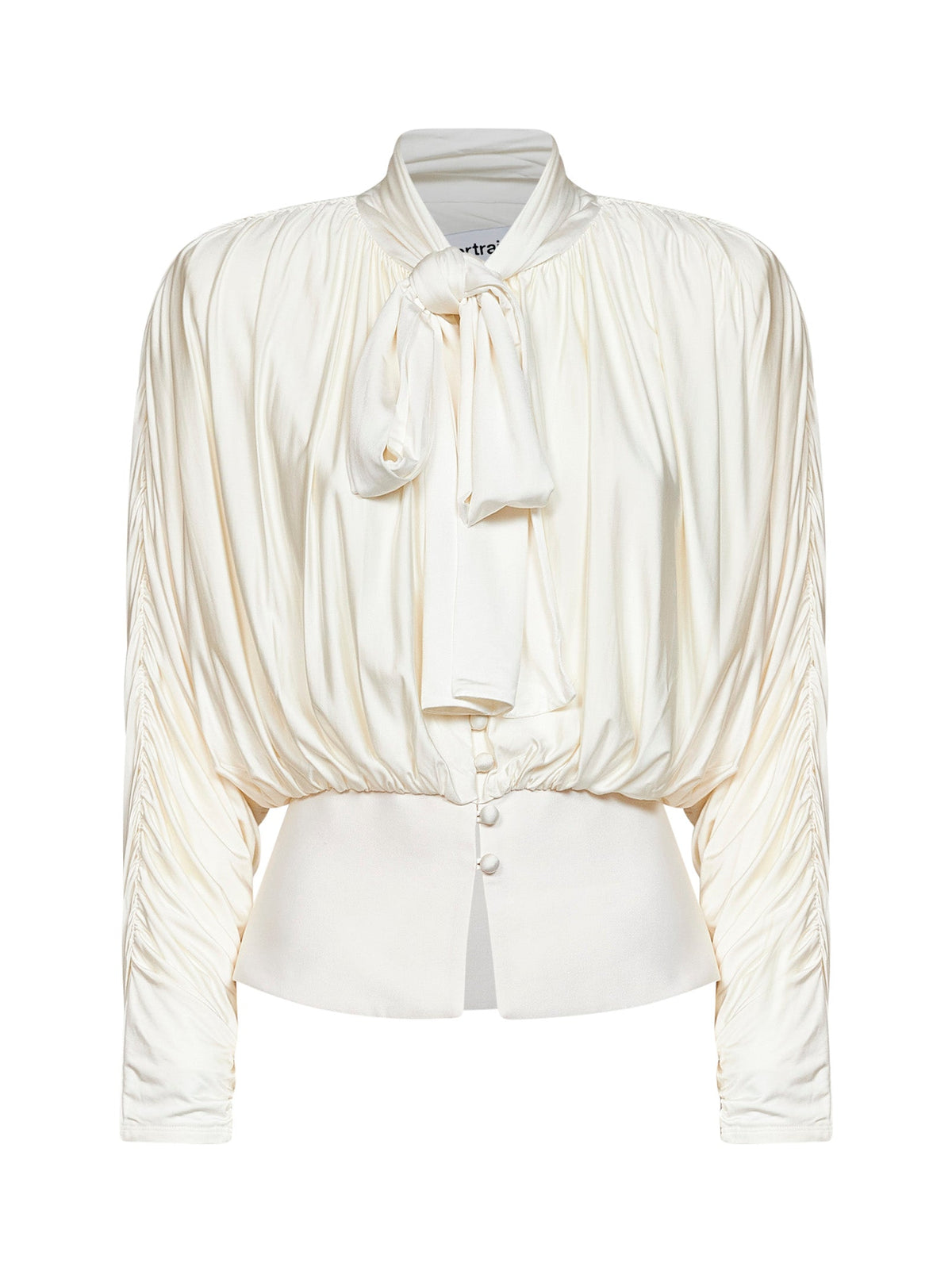 Self Portrait Women Cream Jersey Gathered Tie Neck Top SELF-PORTRAIT