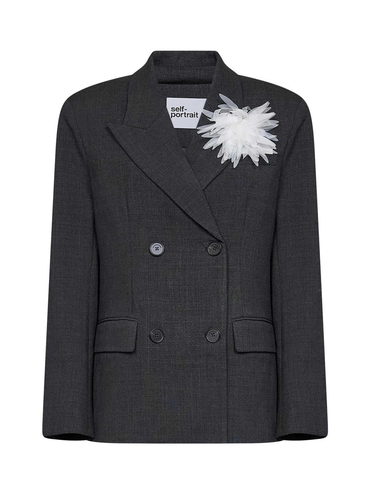 Self Portrait Women Grey Stretch Wool-Blend Double-Breasted Flower Blazer SELF-PORTRAIT