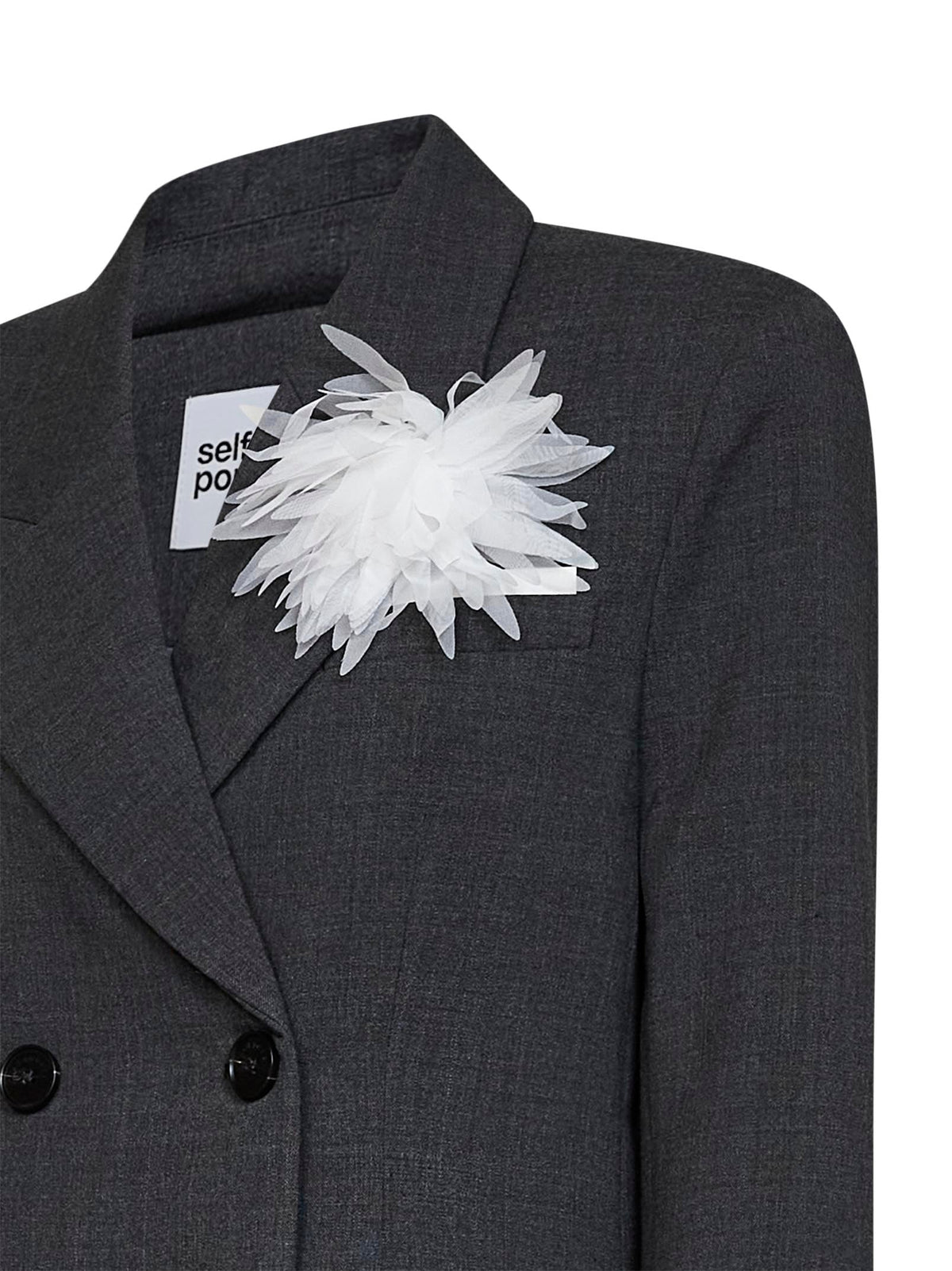 Self Portrait Women Grey Stretch Wool-Blend Double-Breasted Flower Blazer SELF-PORTRAIT