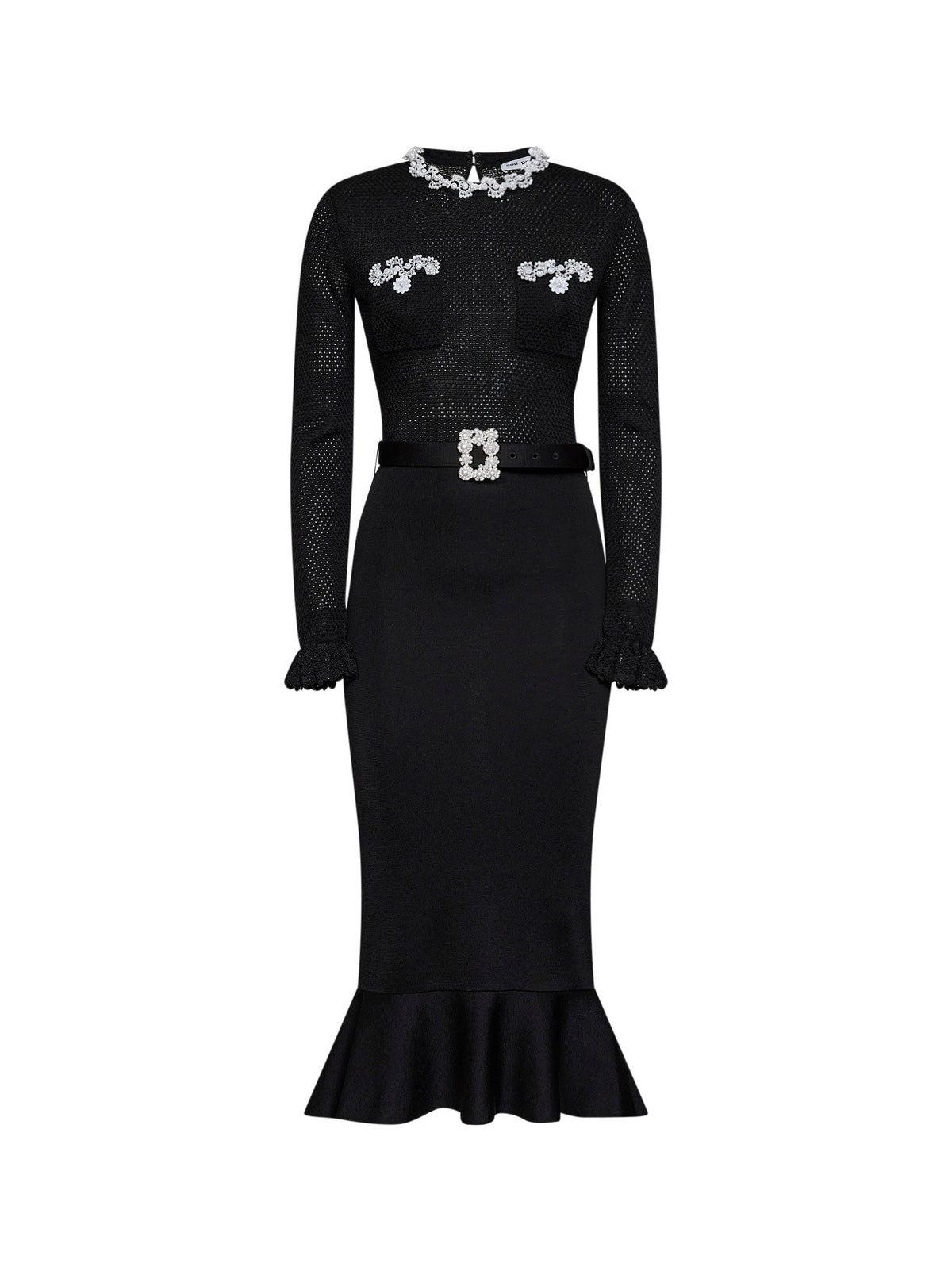 Self Portrait Women Black Knit Midi Dress With Beaded Embroidery SELF-PORTRAIT
