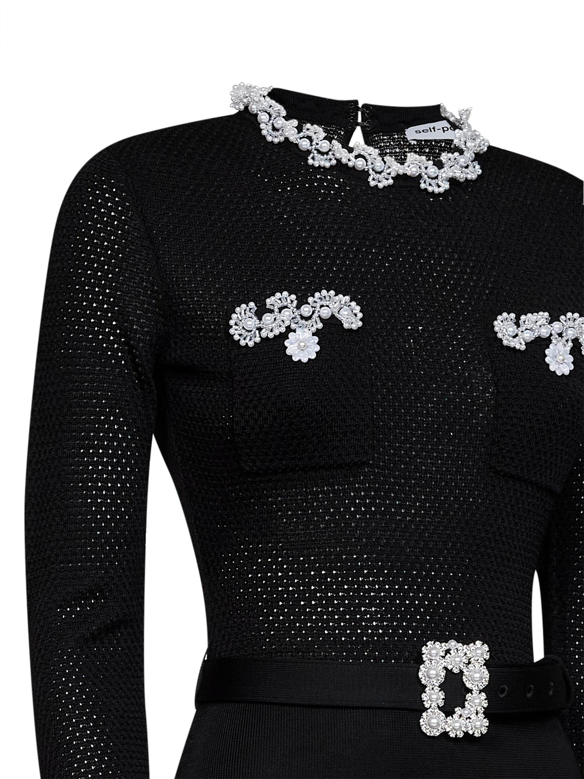 Self Portrait Women Black Knit Midi Dress With Beaded Embroidery SELF-PORTRAIT