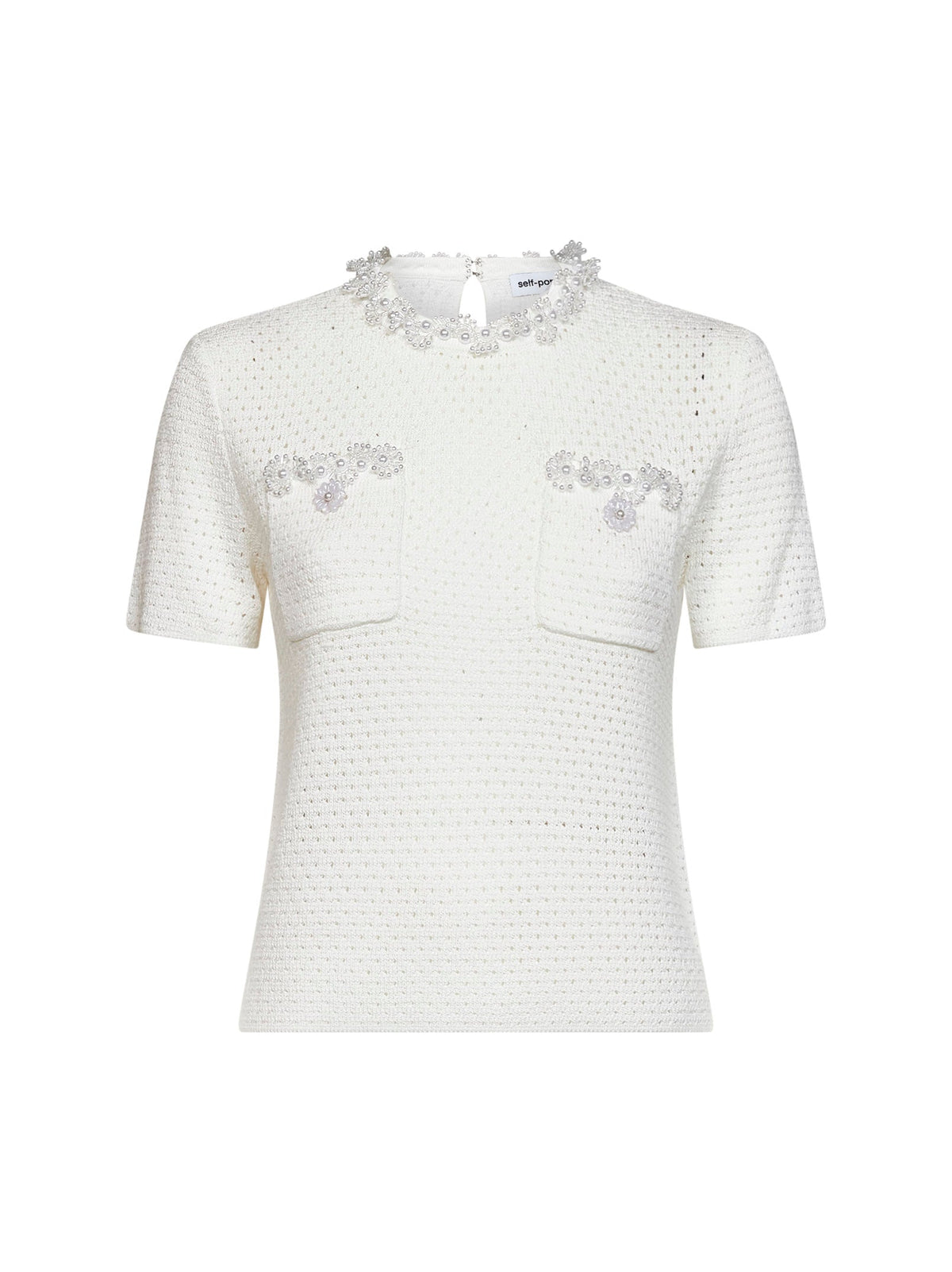 Self Portrait Women Cream Openwork Knit Top With Bead Embroidery SELF-PORTRAIT