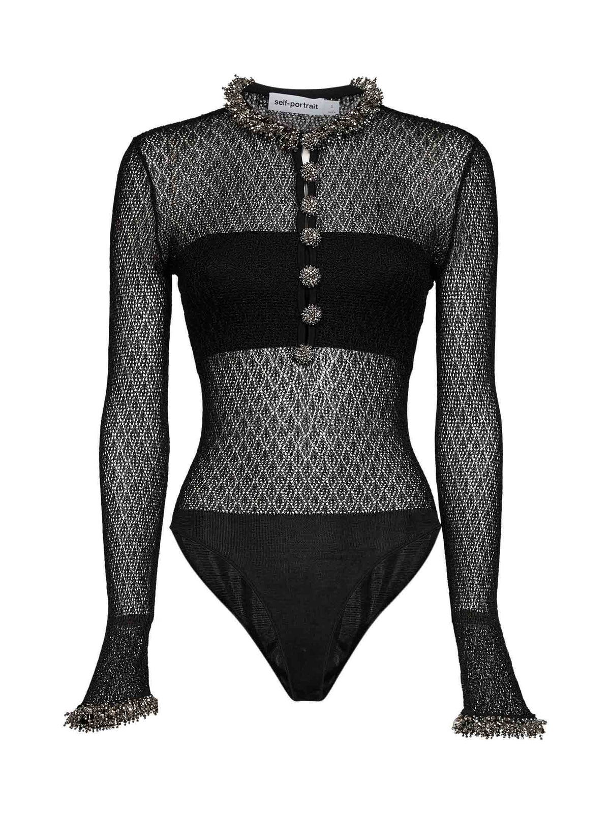Self Portrait Women Black Pointelle Knit Embellished Bodysuit SELF-PORTRAIT