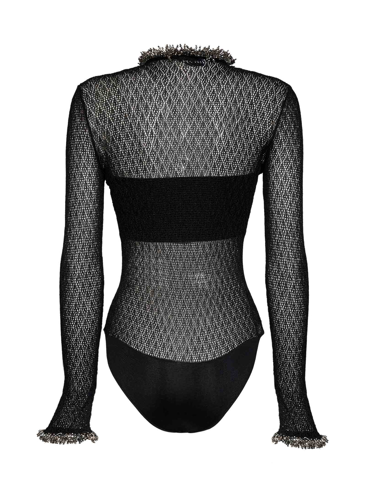 Self Portrait Women Black Pointelle Knit Embellished Bodysuit SELF-PORTRAIT