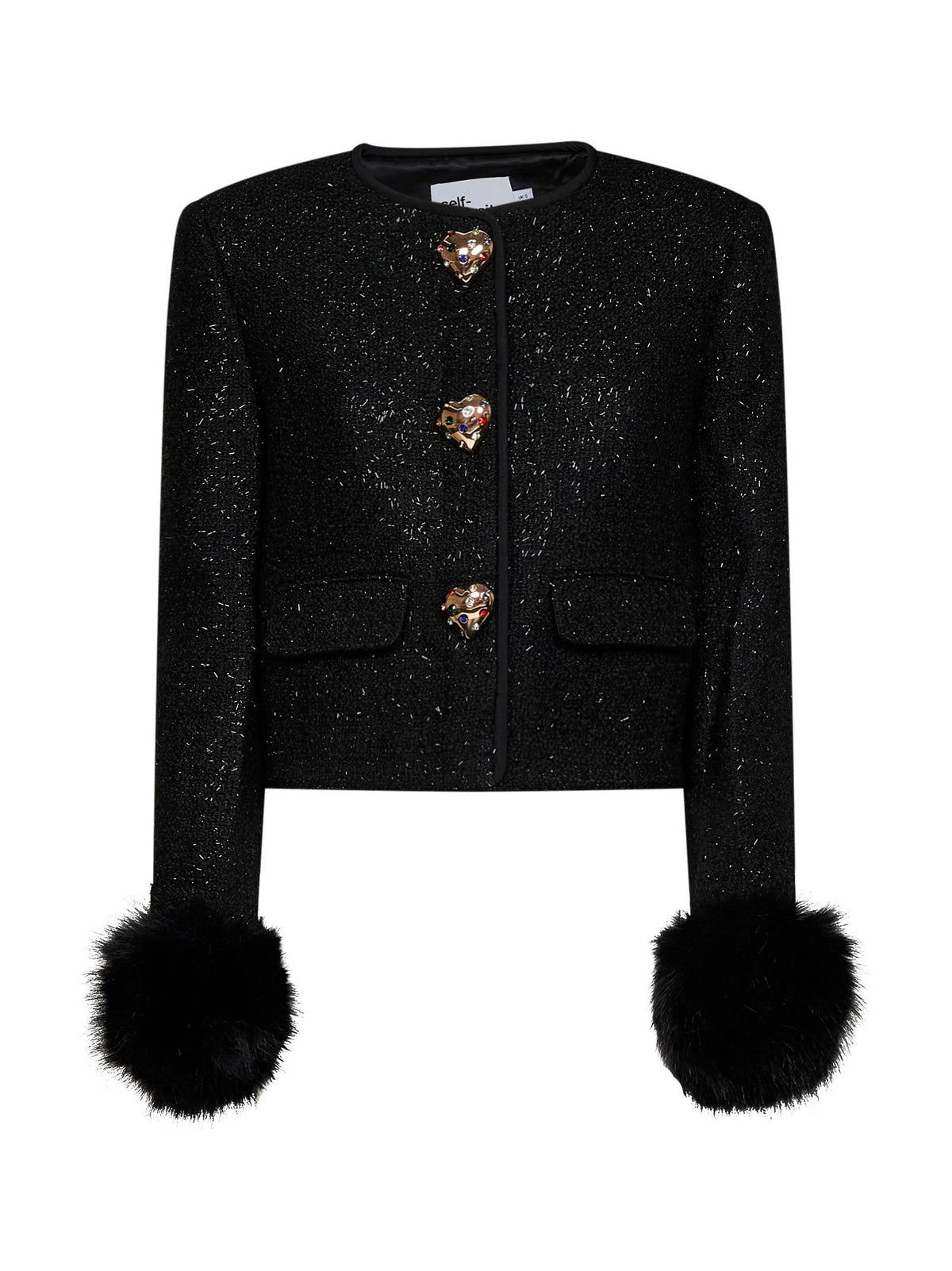 Self Portrait Women Black Metallic Bouclé Jacket With Faux-Fur Cuffs SELF-PORTRAIT