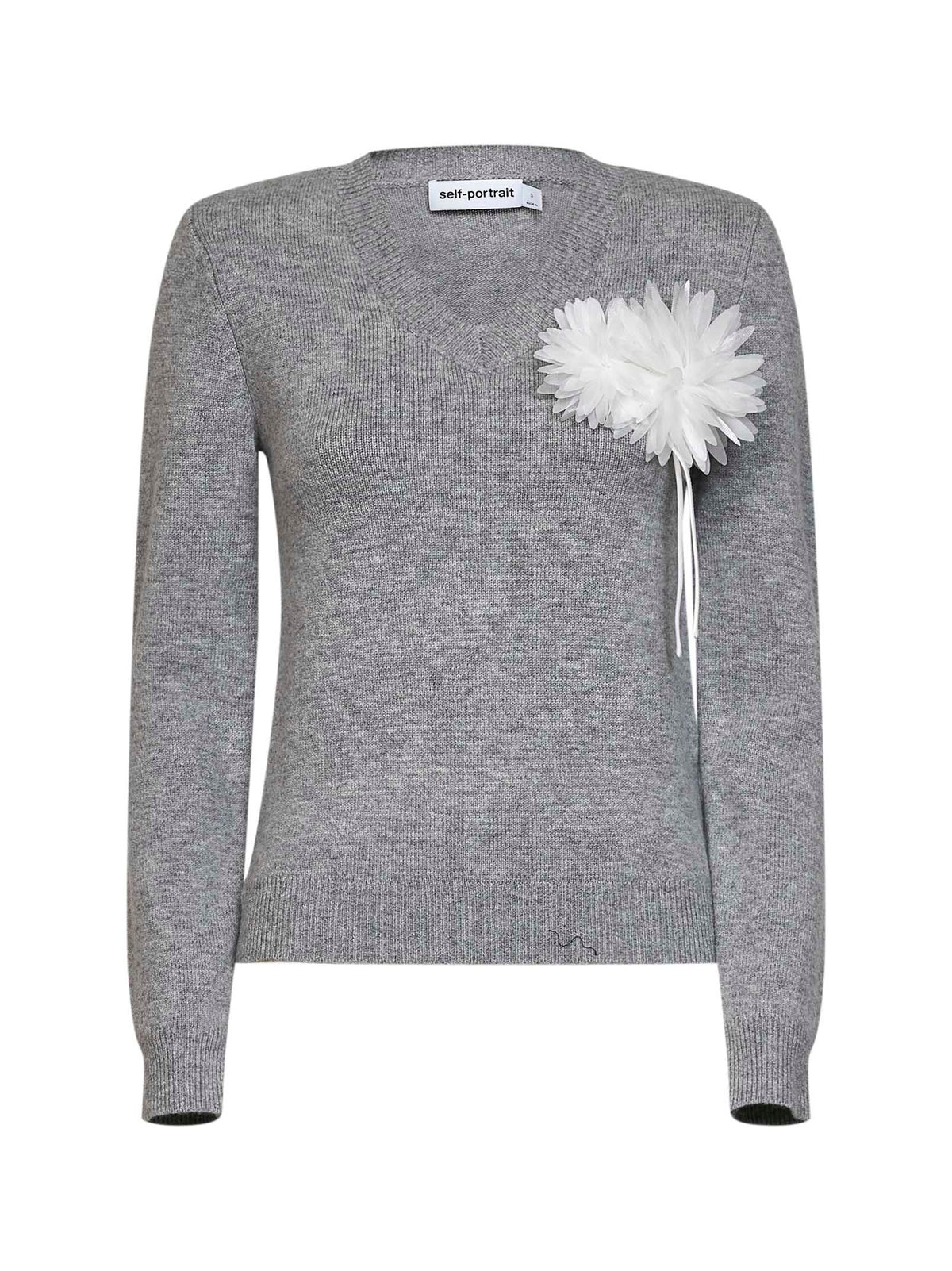 Self Portrait Women Grey Wool And Cashmere Blend V-Neck Flower Sweater SELF-PORTRAIT