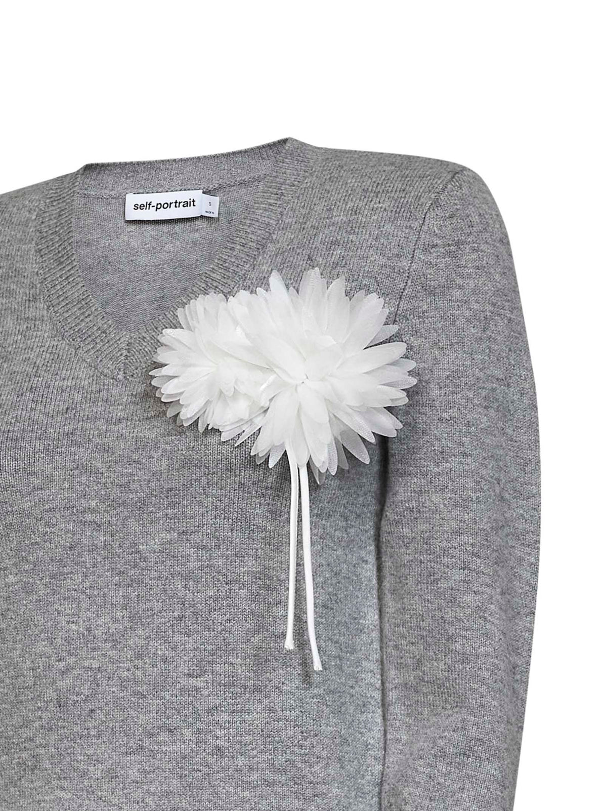 Self Portrait Women Grey Wool And Cashmere Blend V-Neck Flower Sweater SELF-PORTRAIT