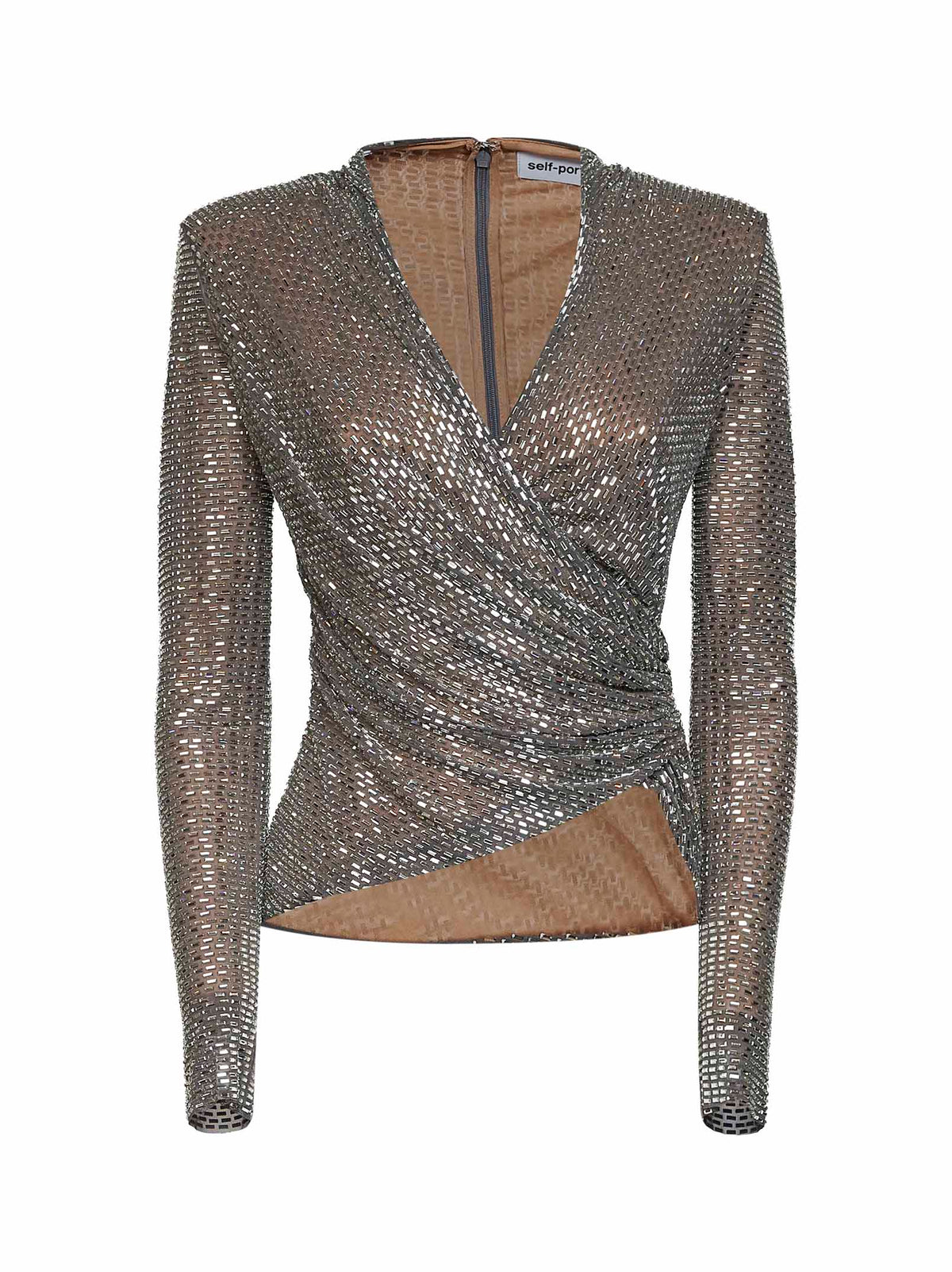 Self Portrait Women Grey Rhinestone-Embellished Mesh Wrap Top SELF-PORTRAIT
