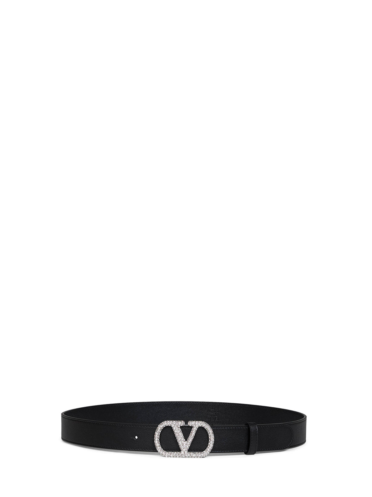 Valentino Garavani Women Black Shiny Calfskin Leather Vlogo Signature Crystal Belt VALENTINO GARAVANI