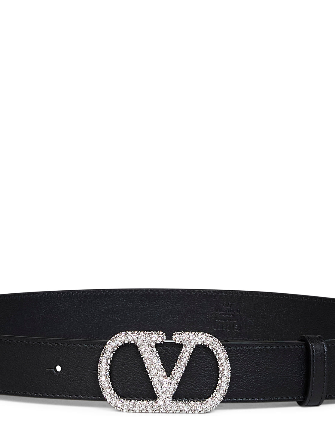 Valentino Garavani Women Black Shiny Calfskin Leather Vlogo Signature Crystal Belt VALENTINO GARAVANI