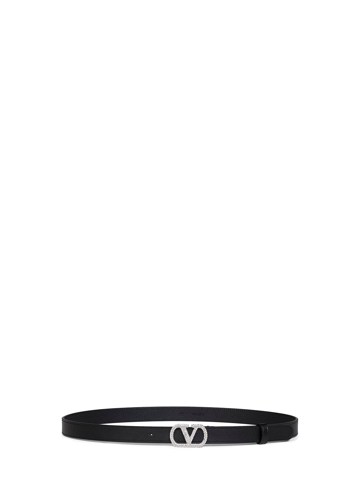 Valentino Garavani Women Black Shiny Calfskin Leather Vlogo Signature Crystal Belt VALENTINO GARAVANI