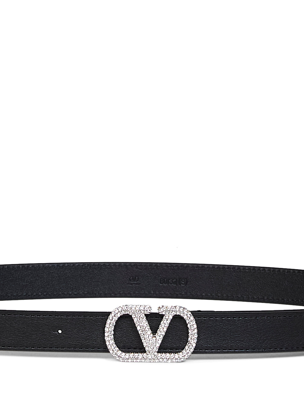 Valentino Garavani Women Black Shiny Calfskin Leather Vlogo Signature Crystal Belt VALENTINO GARAVANI