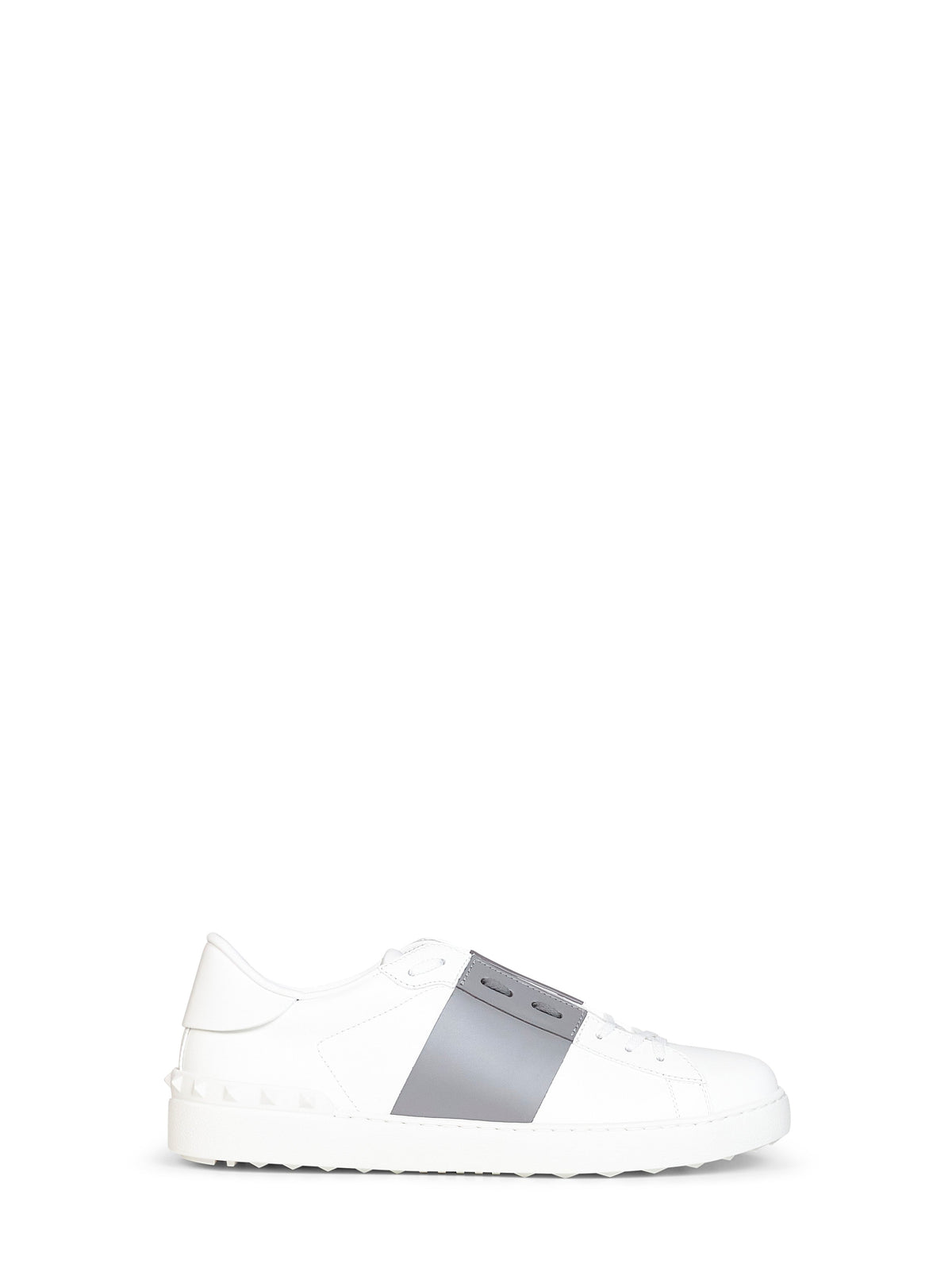 Valentino Garavani Men White And Dark Steel Calfskin Leather Open Sneakers VALENTINO GARAVANI