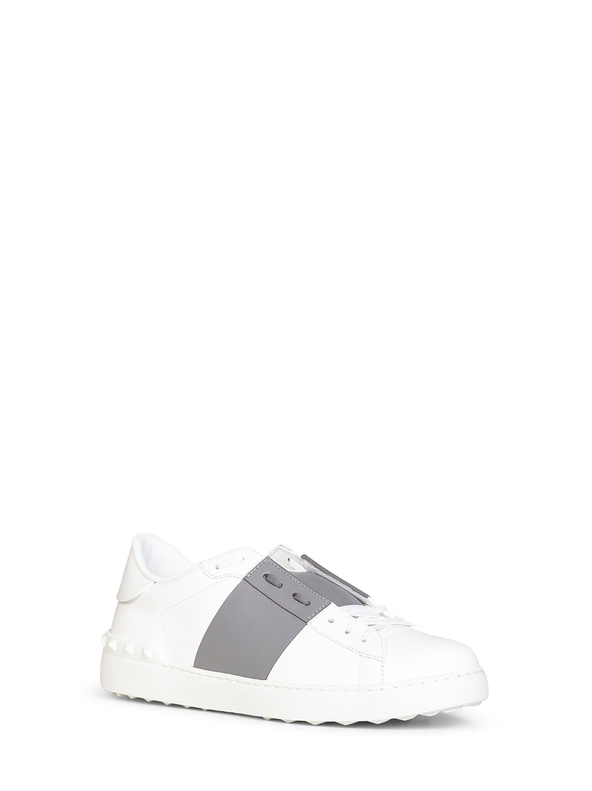 Valentino Garavani Men White And Dark Steel Calfskin Leather Open Sneakers VALENTINO GARAVANI