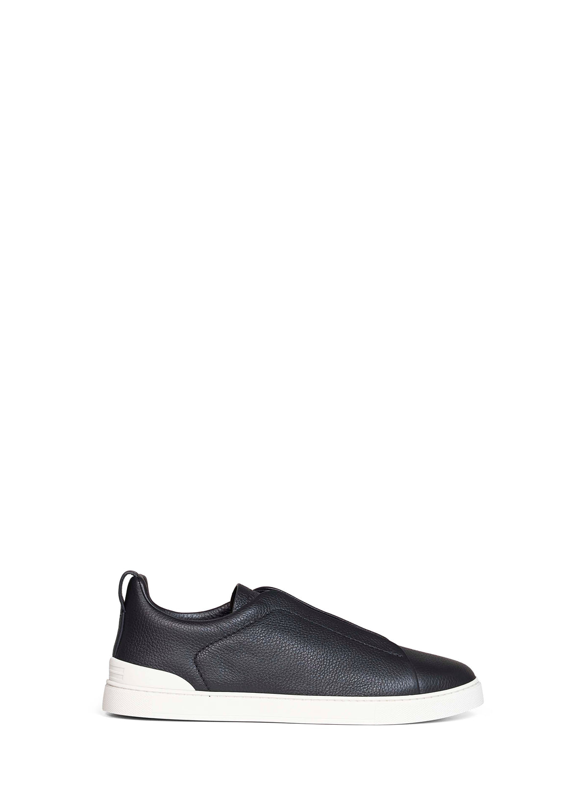 Zegna Men Navy Blue Grained Leather Triple Stitch Sneakers ZEGNA