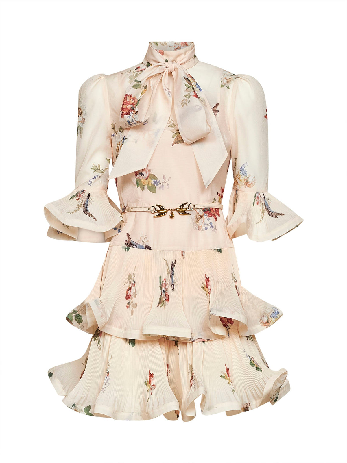 Zimmermann Women Cream Bird-Print Chiffon Pleated Mini Dress ZIMMERMANN