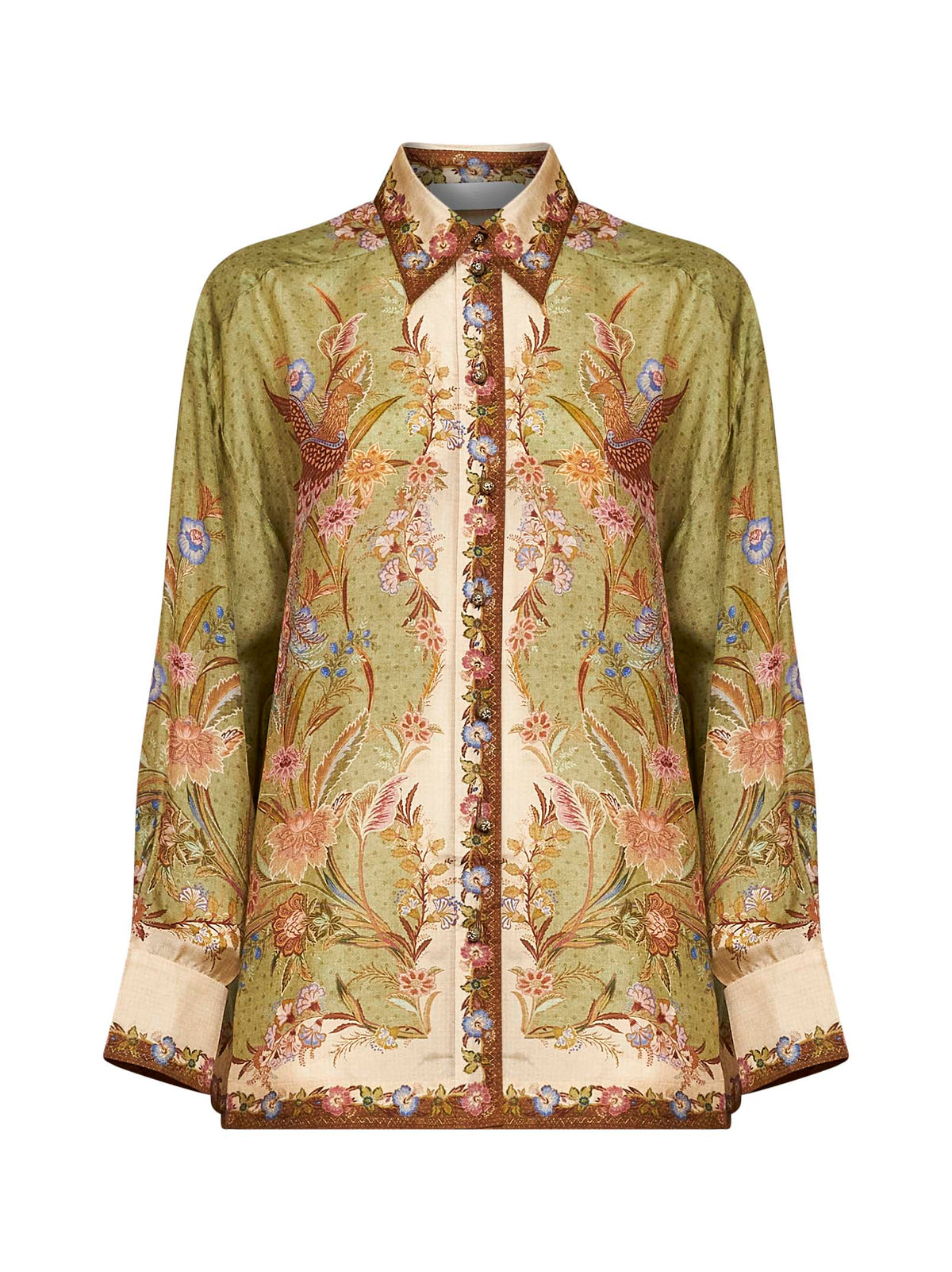 Zimmermann Women Khaki Floral Scarf-Print Silk Habotai Indra Relaxed Shirt ZIMMERMANN