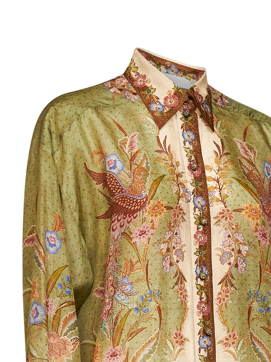 Zimmermann Women Khaki Floral Scarf-Print Silk Habotai Indra Relaxed Shirt ZIMMERMANN