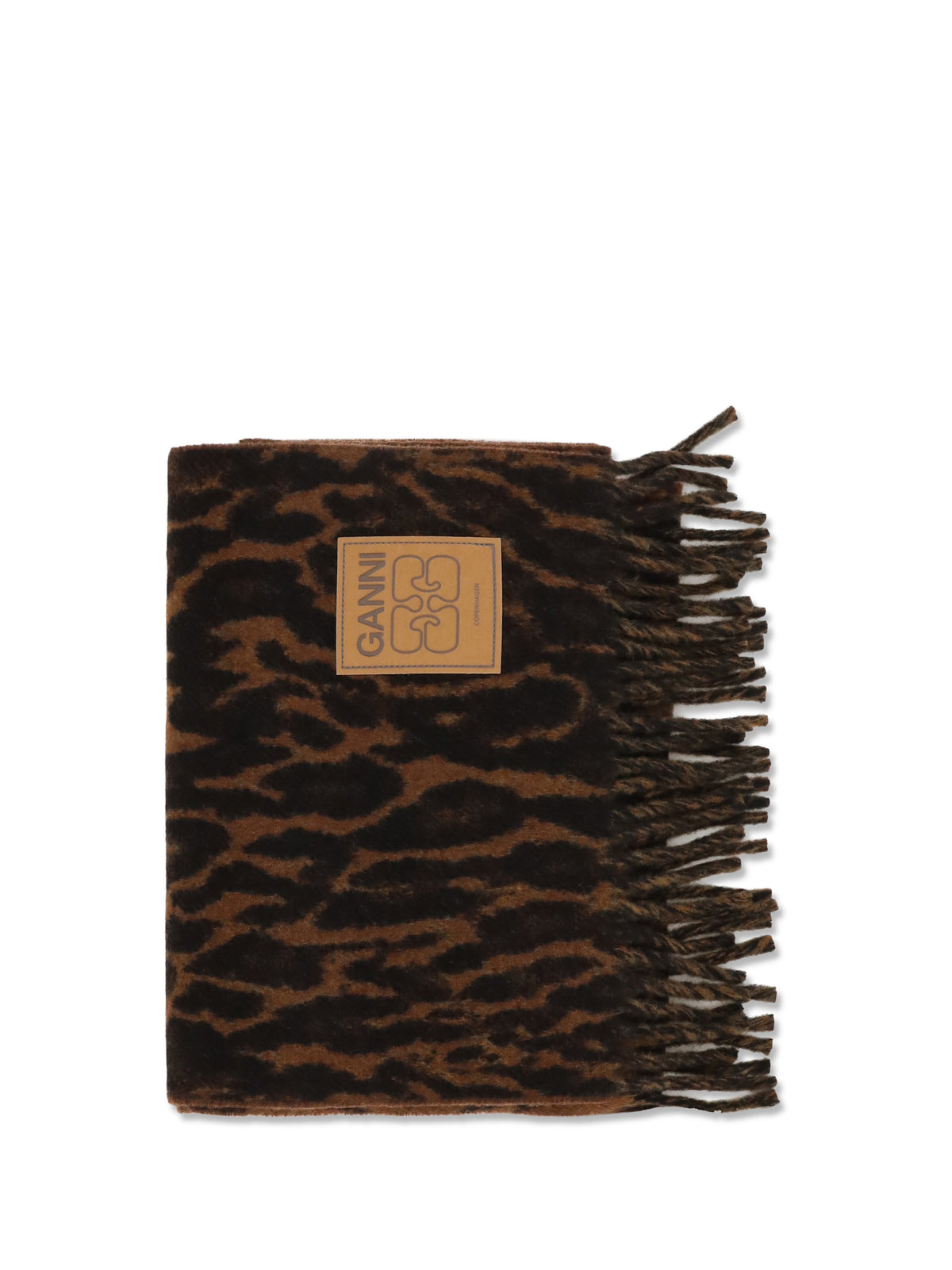 Ganni Women Leopard Print Wool Scarf With Logo And Fringes GANNI