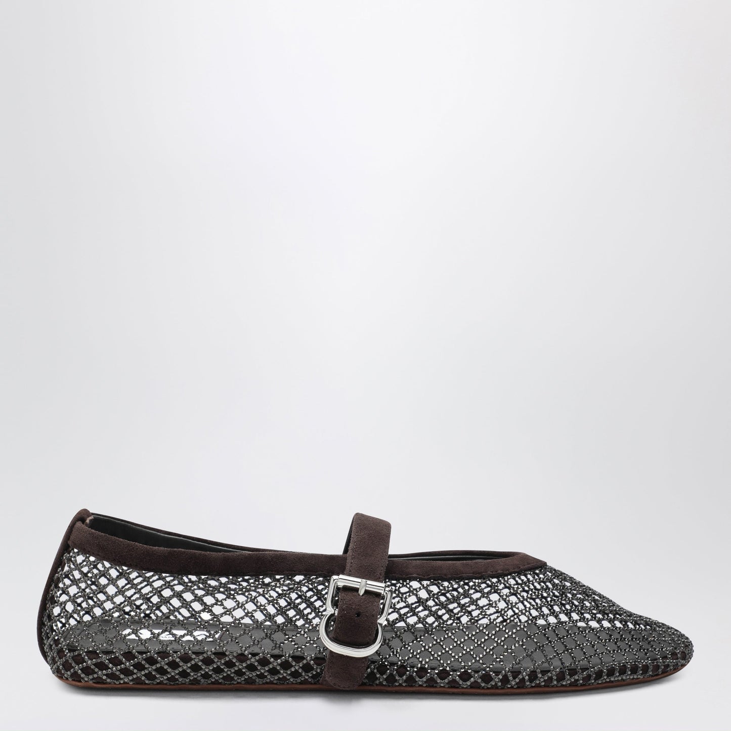 Alaia Flat Rhinestone Mesh Ballerinas In Suede, Smoky Brown Women ALAIA