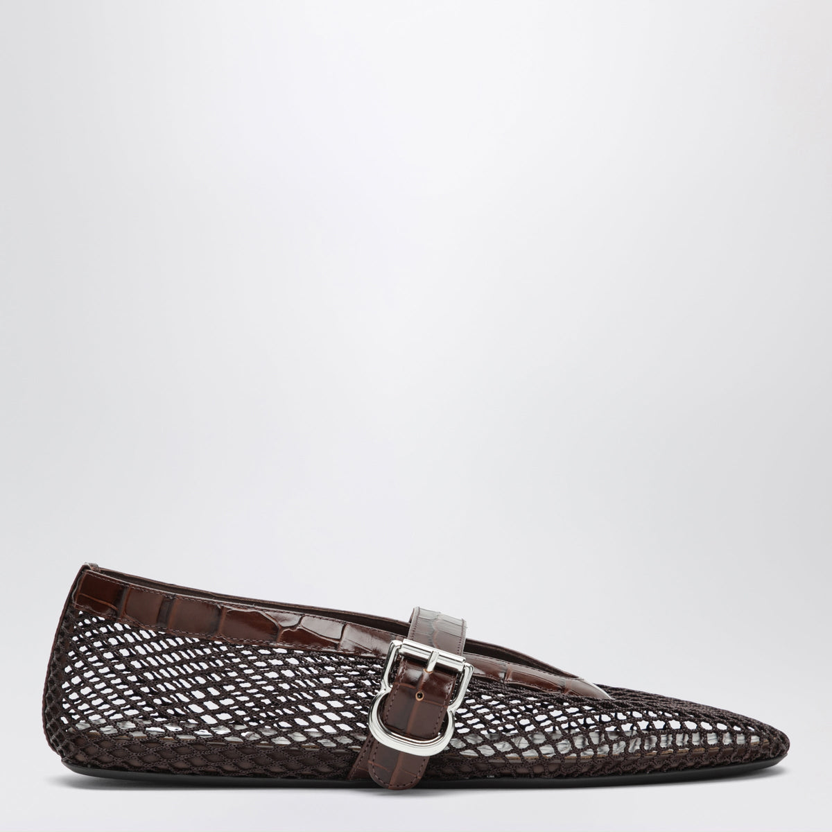 Alaia Brown Mesh And Croc-Effect Leather Ballet Flats Women ALAIA