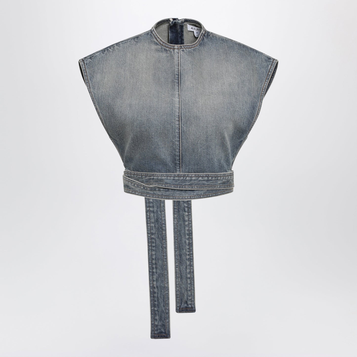 Alaia Raw Delave Denim Belted Sleeveless Top In Blue Women ALAIA