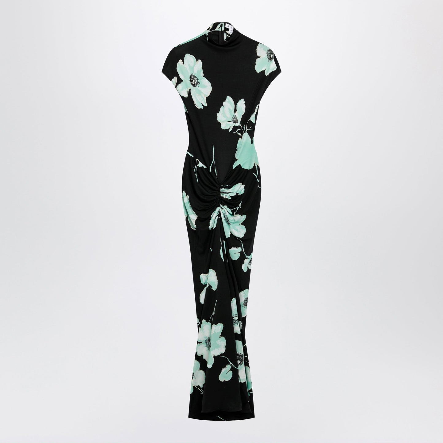 Alaia Draped Jersey Dress With Sakura Print In Black/Aqua Women ALAIA