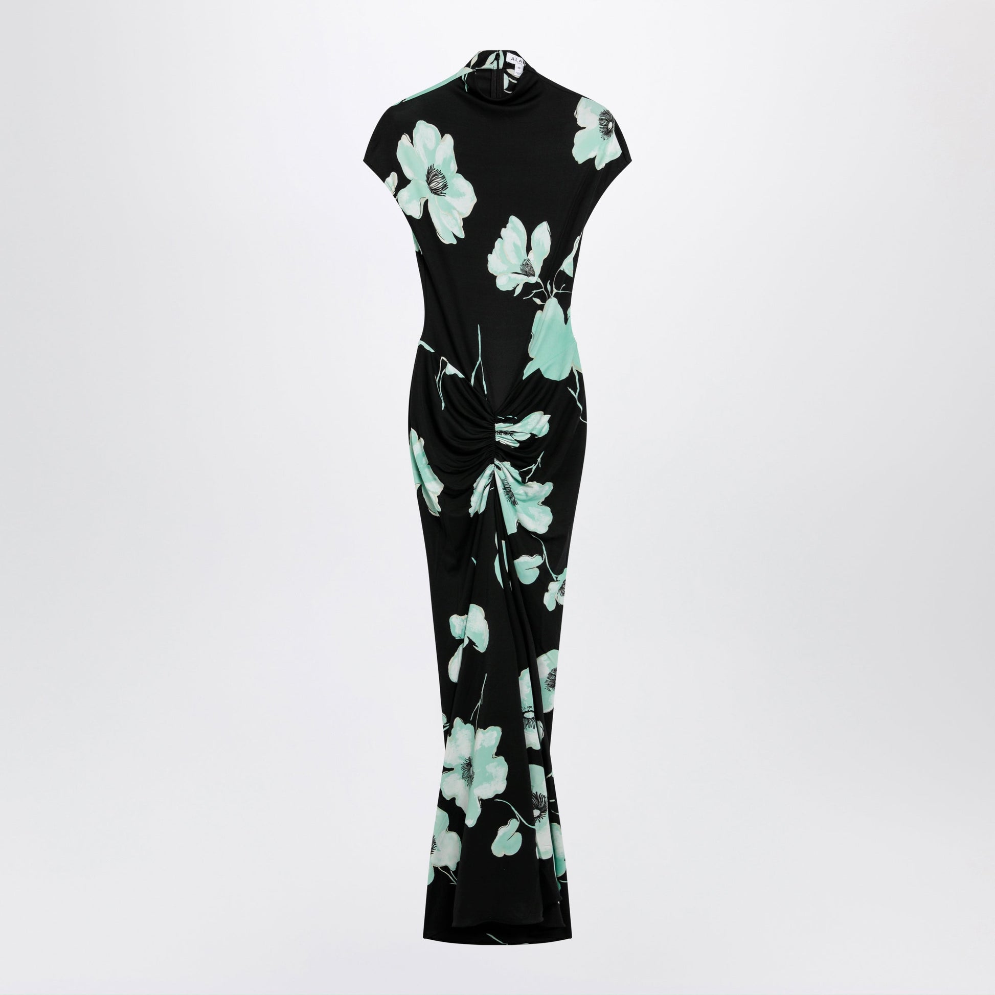 Alaia Draped Jersey Dress With Sakura Print In Black/Aqua Women ALAIA