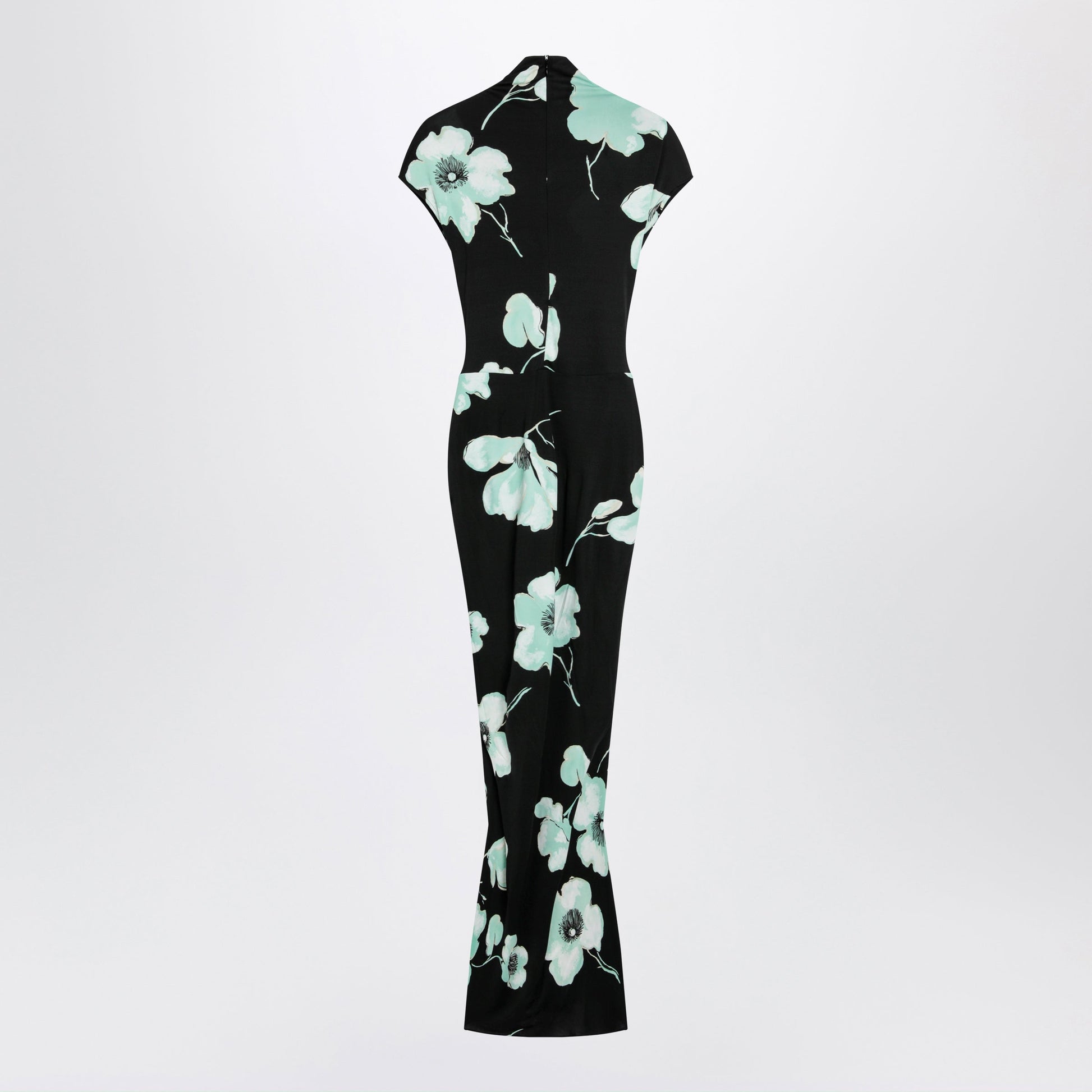 Alaia Draped Jersey Dress With Sakura Print In Black/Aqua Women ALAIA