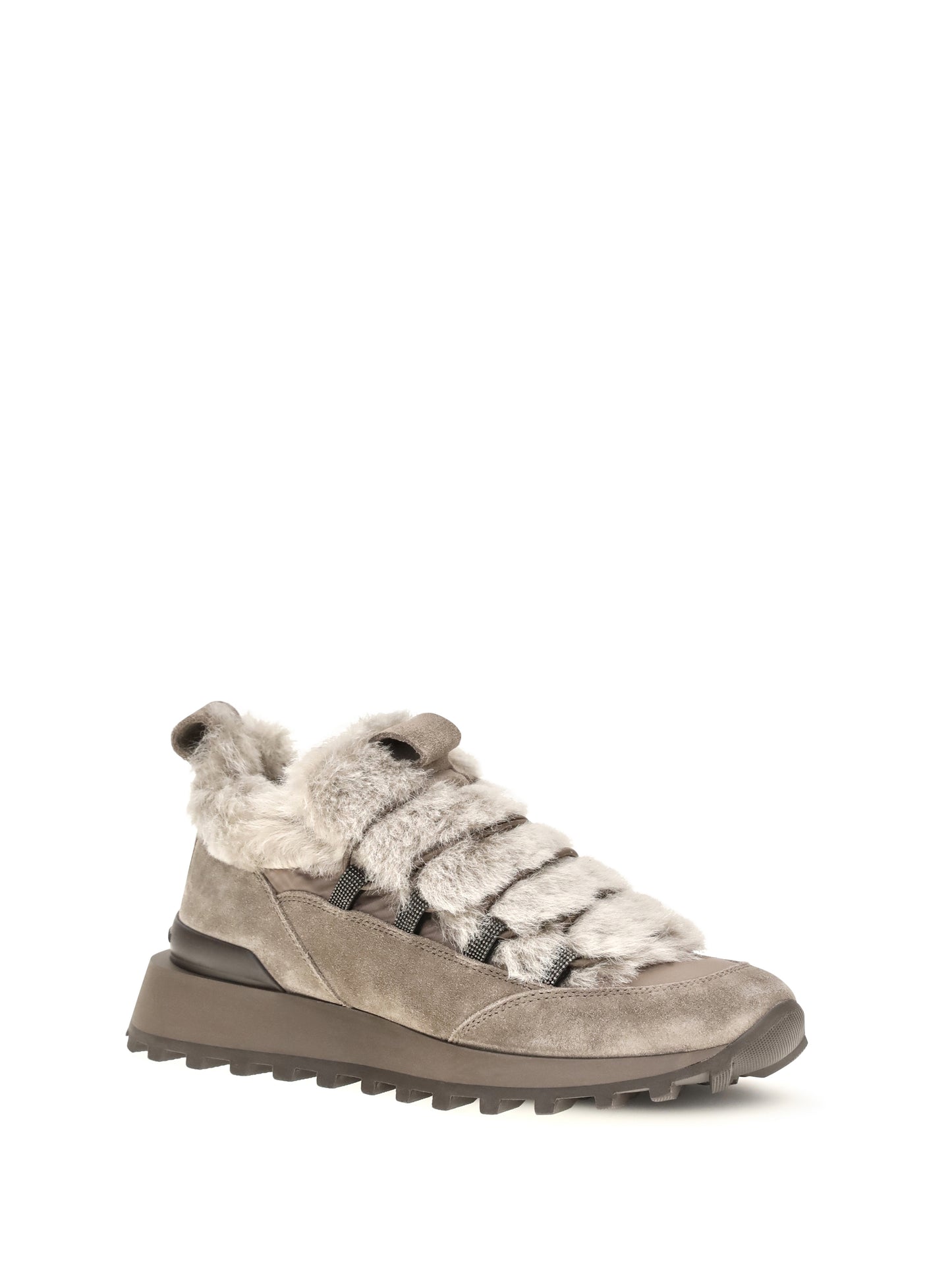 Brunello Cucinelli Women Suede And Tech Cotton Sneakers With Shearling Lining And Monili Detail BRUNELLO CUCINELLI